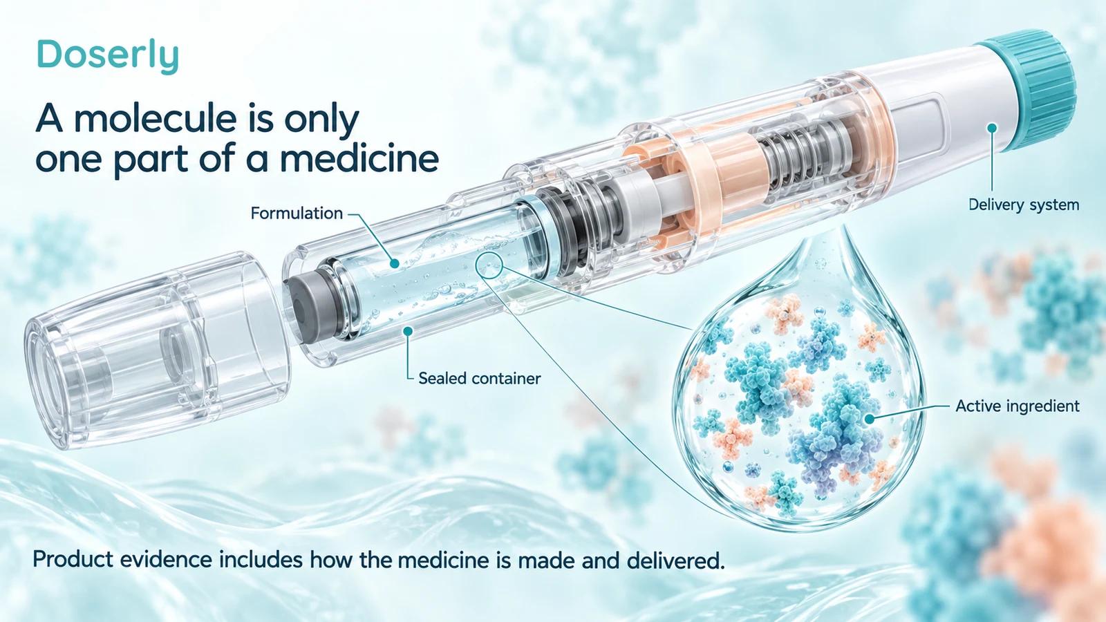 Conceptual cutaway of a sealed injection device showing formulation, container, delivery system, and abstract active-ingredient particles.