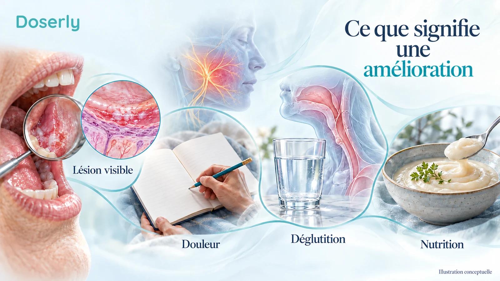 Un examen de la bouche illustré, un verre d’eau, un repas mou et une fiche de douleur représentent des résultats différents liés à la mucosite.
