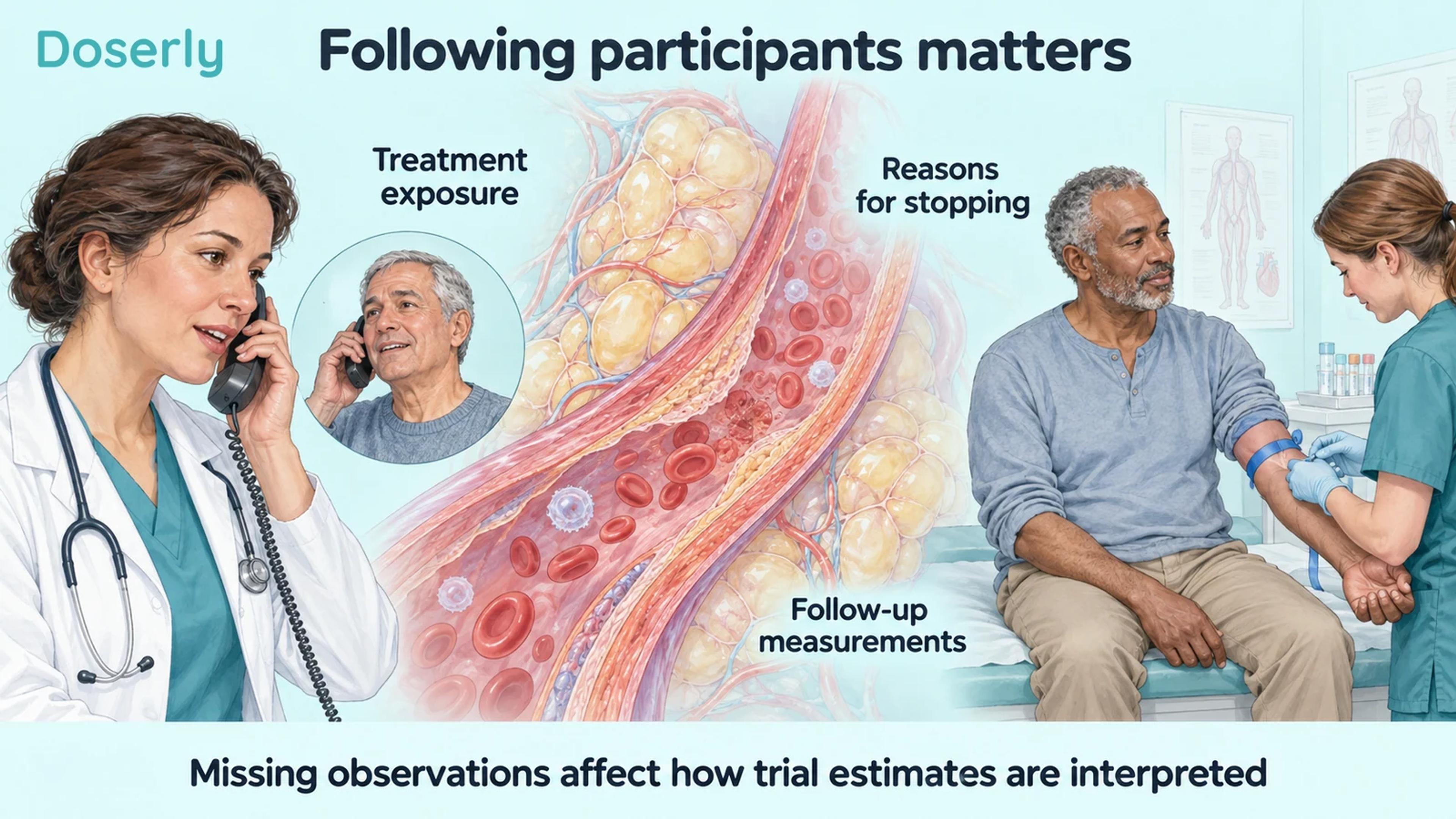 Illustrated telephone follow-up and clinic visit around a detailed blood-vessel and adipose-tissue inset.