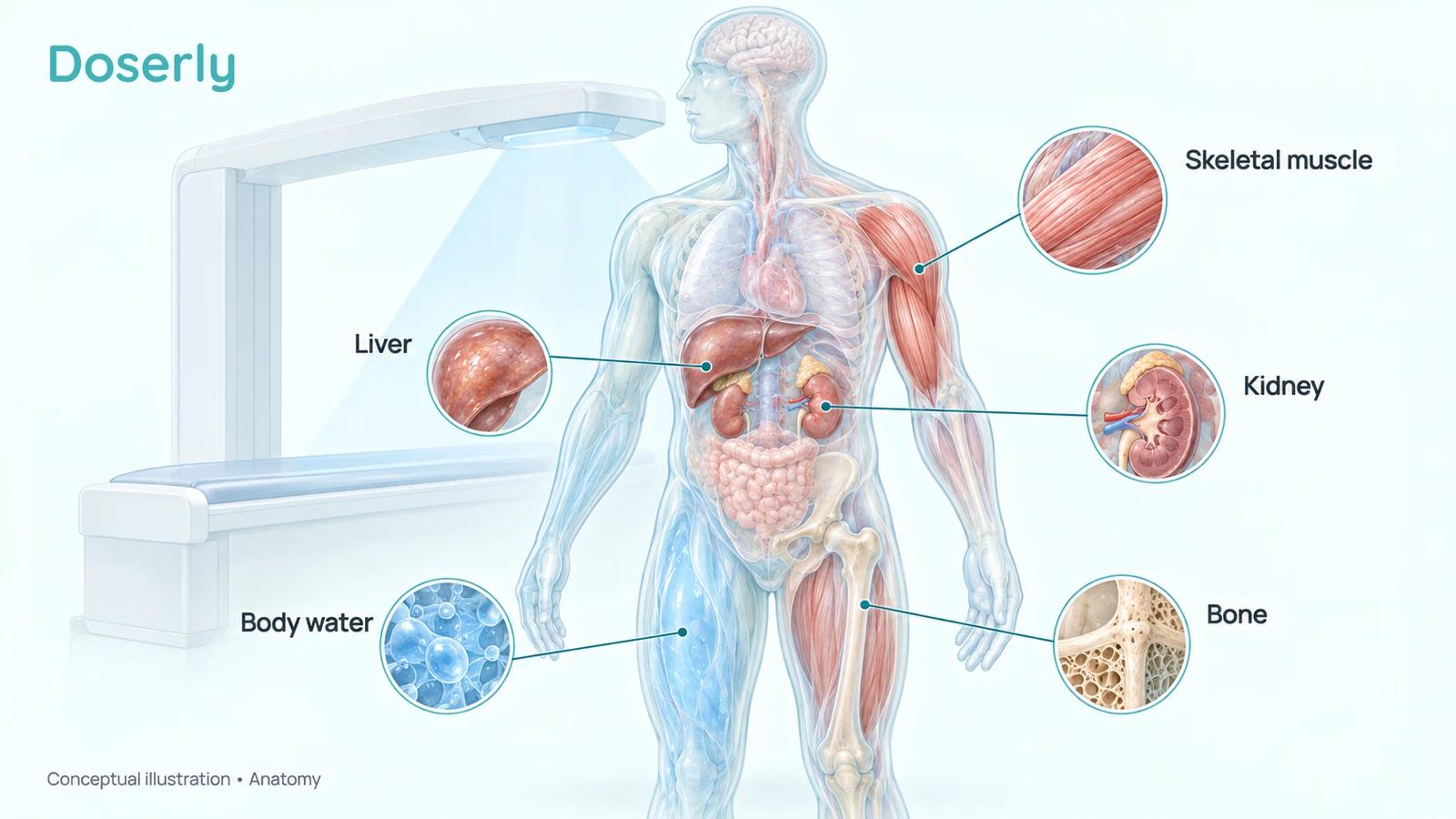 Detailed body anatomy showing skeletal muscle, liver, kidney, body water and bone beside a conceptual DXA scanner.