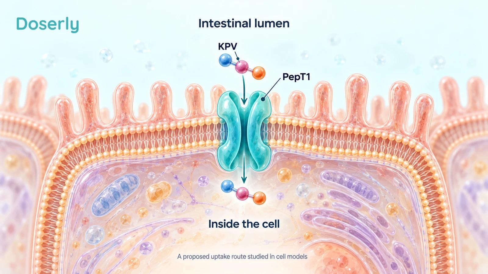 A schematic PepT1 transporter spans an intestinal cell membrane, with symbolic KPV moving from the lumen into the cell.