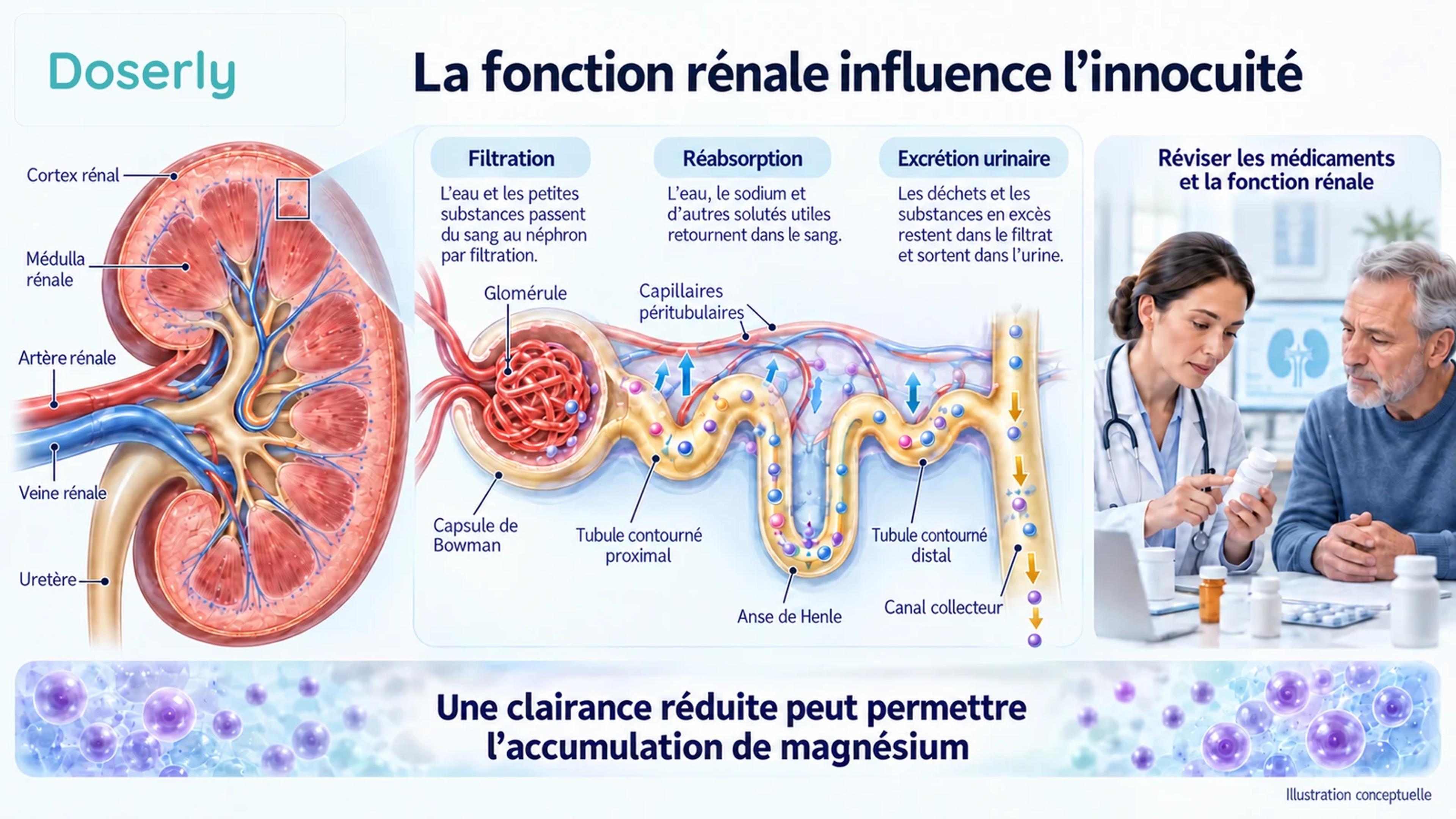 L’anatomie du rein et du néphron accompagne une révision des médicaments entre clinicien et patient, illustrant l’importance de la clairance rénale pour l’innocuité du magnésium.