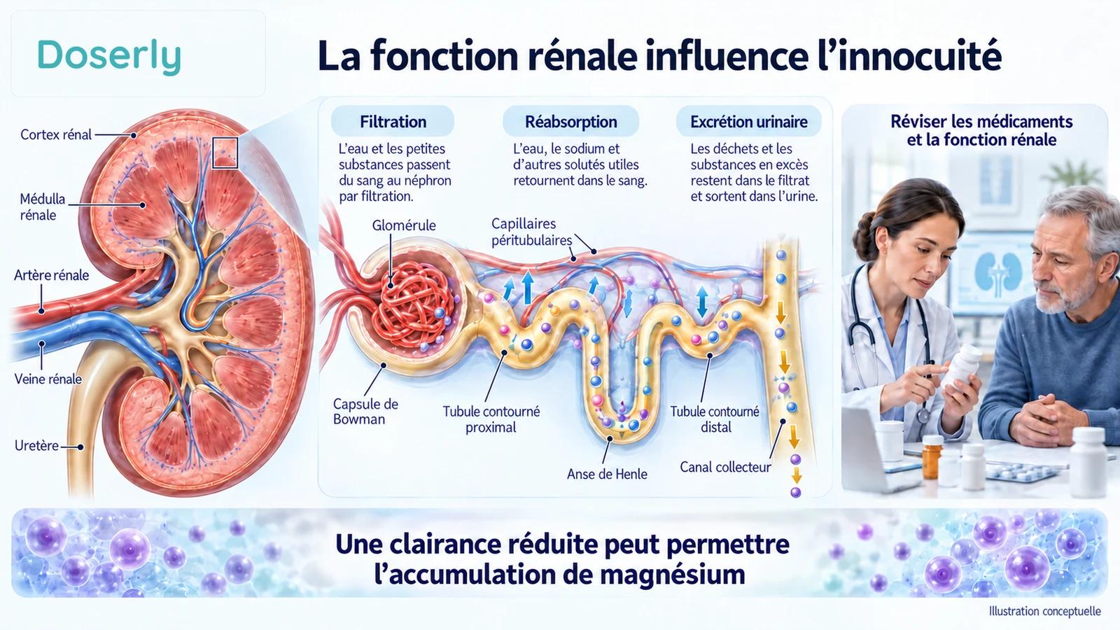 L’anatomie du rein et du néphron accompagne une révision des médicaments entre clinicien et patient, illustrant l’importance de la clairance rénale pour l’innocuité du magnésium.