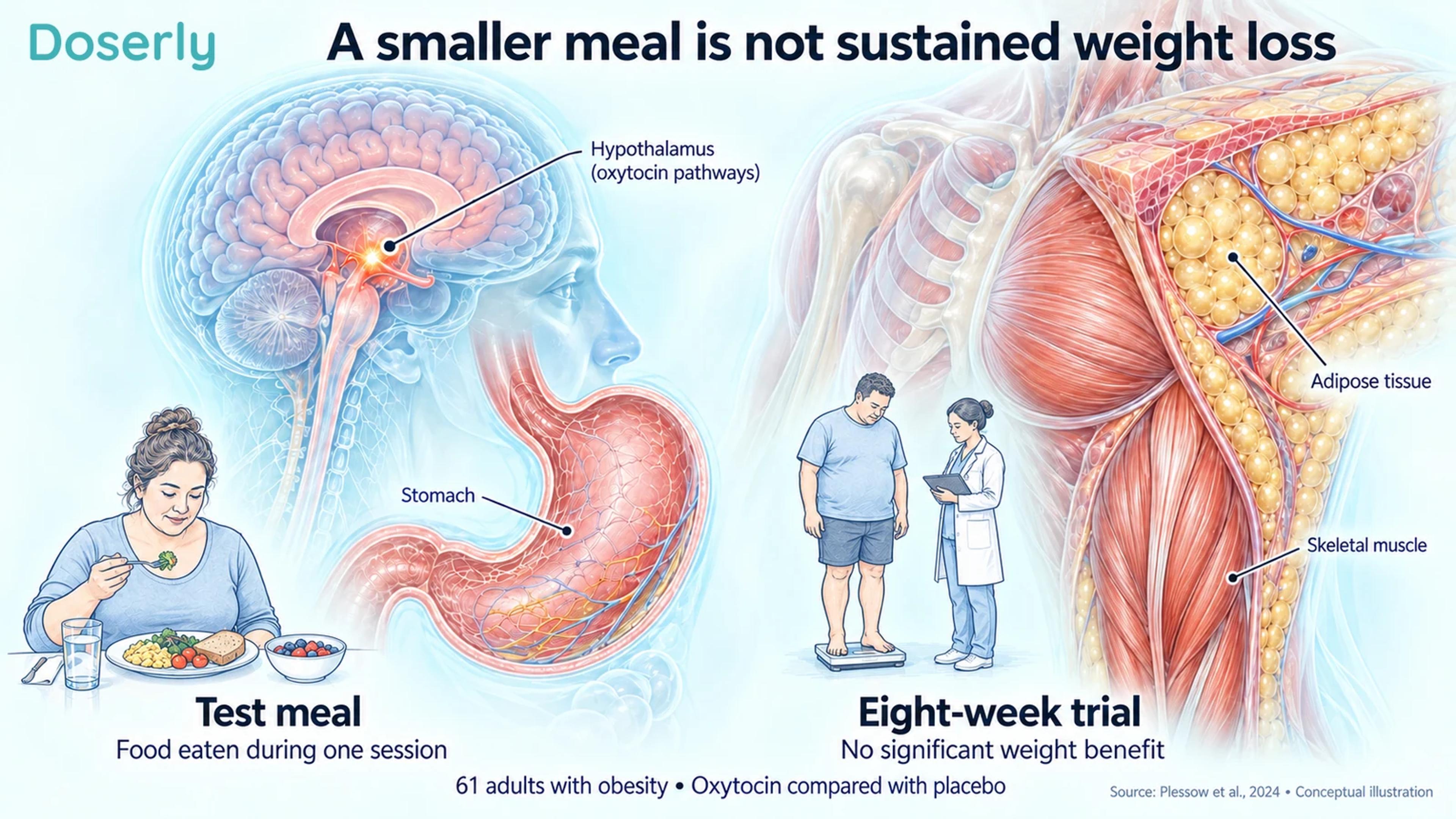 Brain, stomach, fat and muscle anatomy beside illustrated meal and weight measurements.