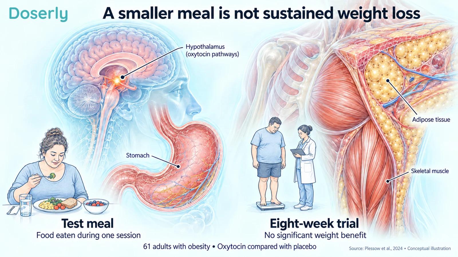 Brain, stomach, fat and muscle anatomy beside illustrated meal and weight measurements.