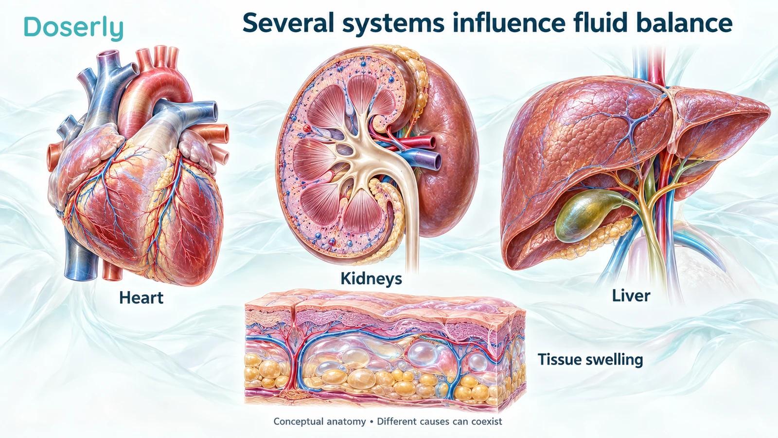 Separate heart, kidney and liver teaching models accompany a magnified skin and tissue inset.