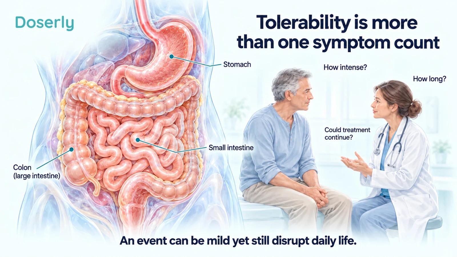 Translucent digestive anatomy beside a clinical conversation about symptom intensity, duration and ability to continue treatment.