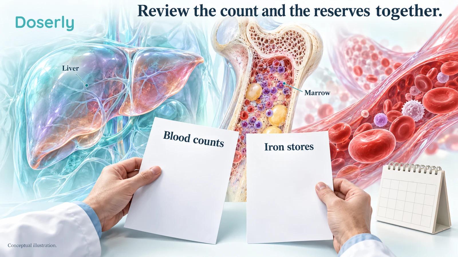Marrow, liver and a small blood vessel surround a clinician's hands reviewing distinct blood-count and iron-store records.