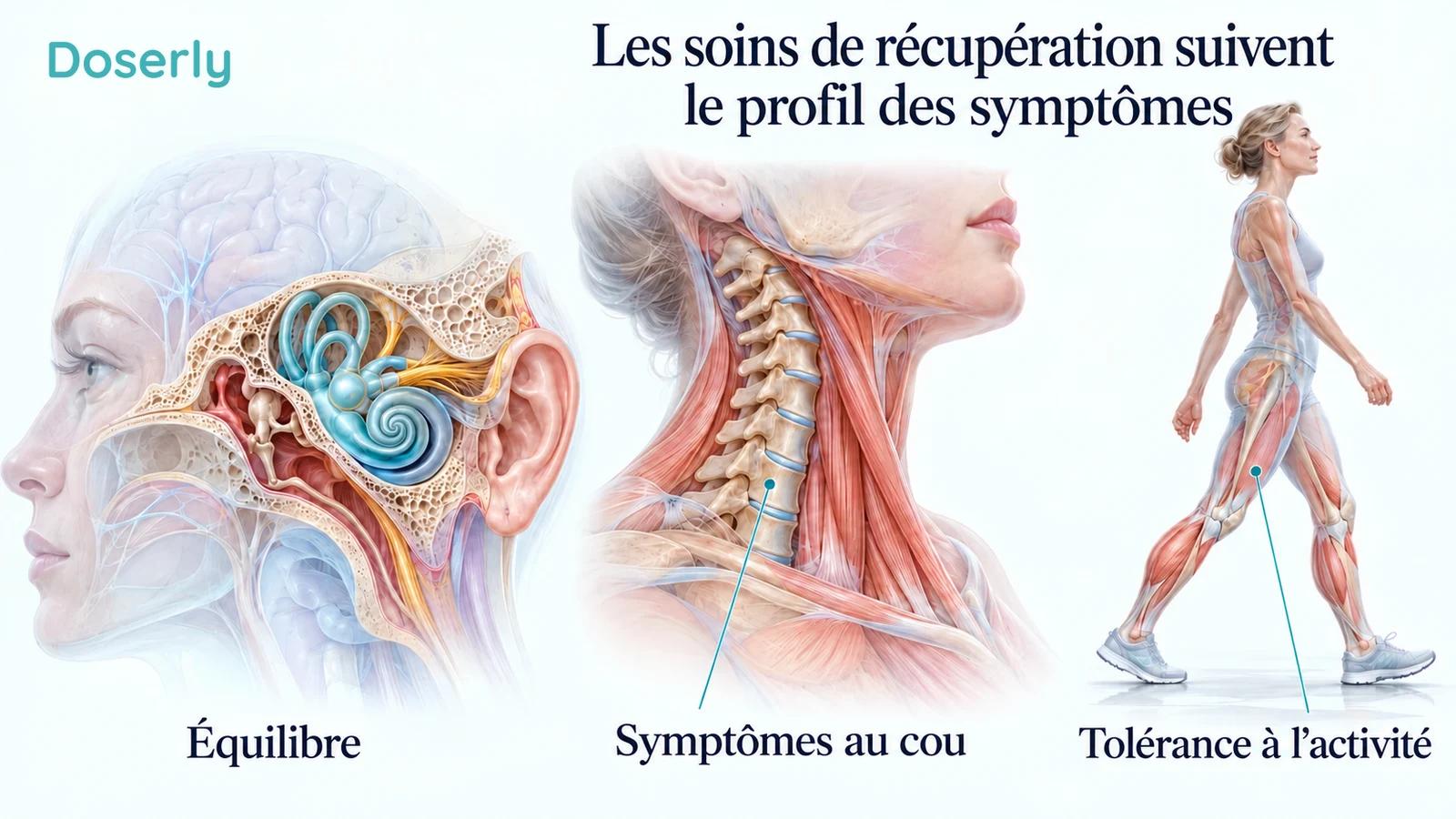Des illustrations anatomiques montrent l’équilibre, les mouvements du cou et la marche confortable comme domaines distincts évalués pendant la récupération.