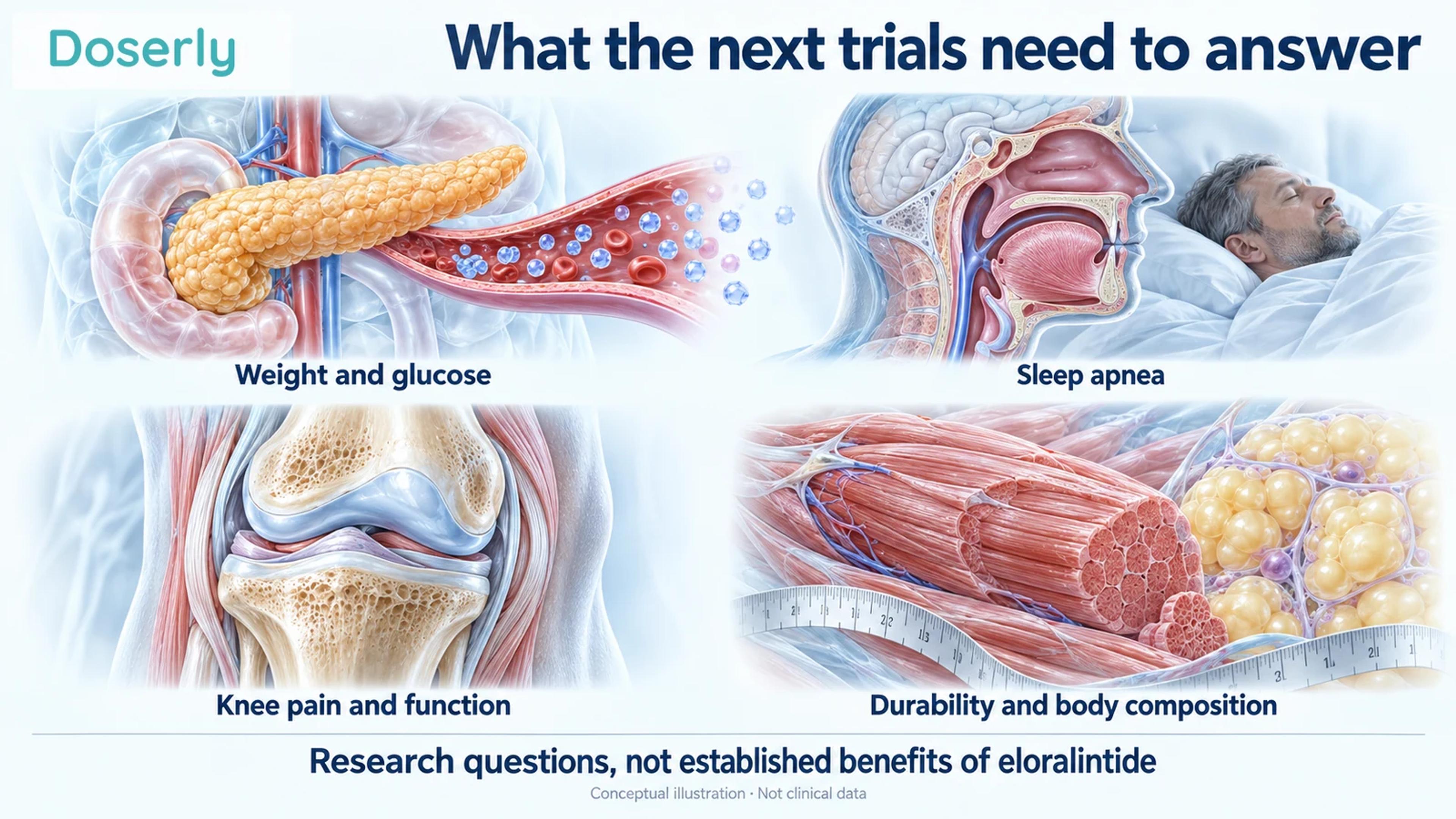 Anatomical illustrations of pancreas, upper airway, knee and muscle with fat tissue show clinical outcomes and broader evidence questions for future eloralintide research.