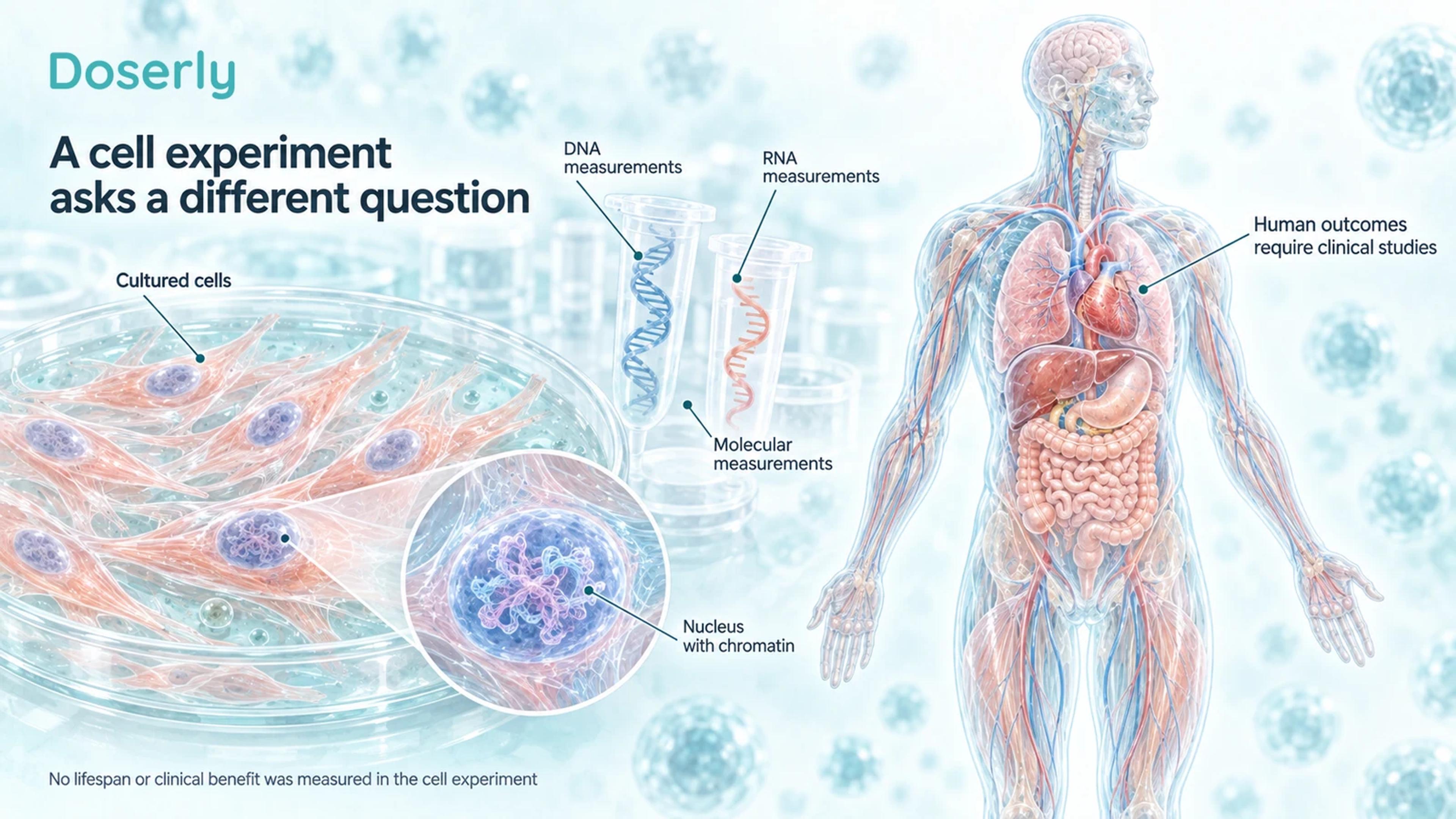 Illustrated cell cultures with separate molecular measurements and a distant human silhouette separated by open space