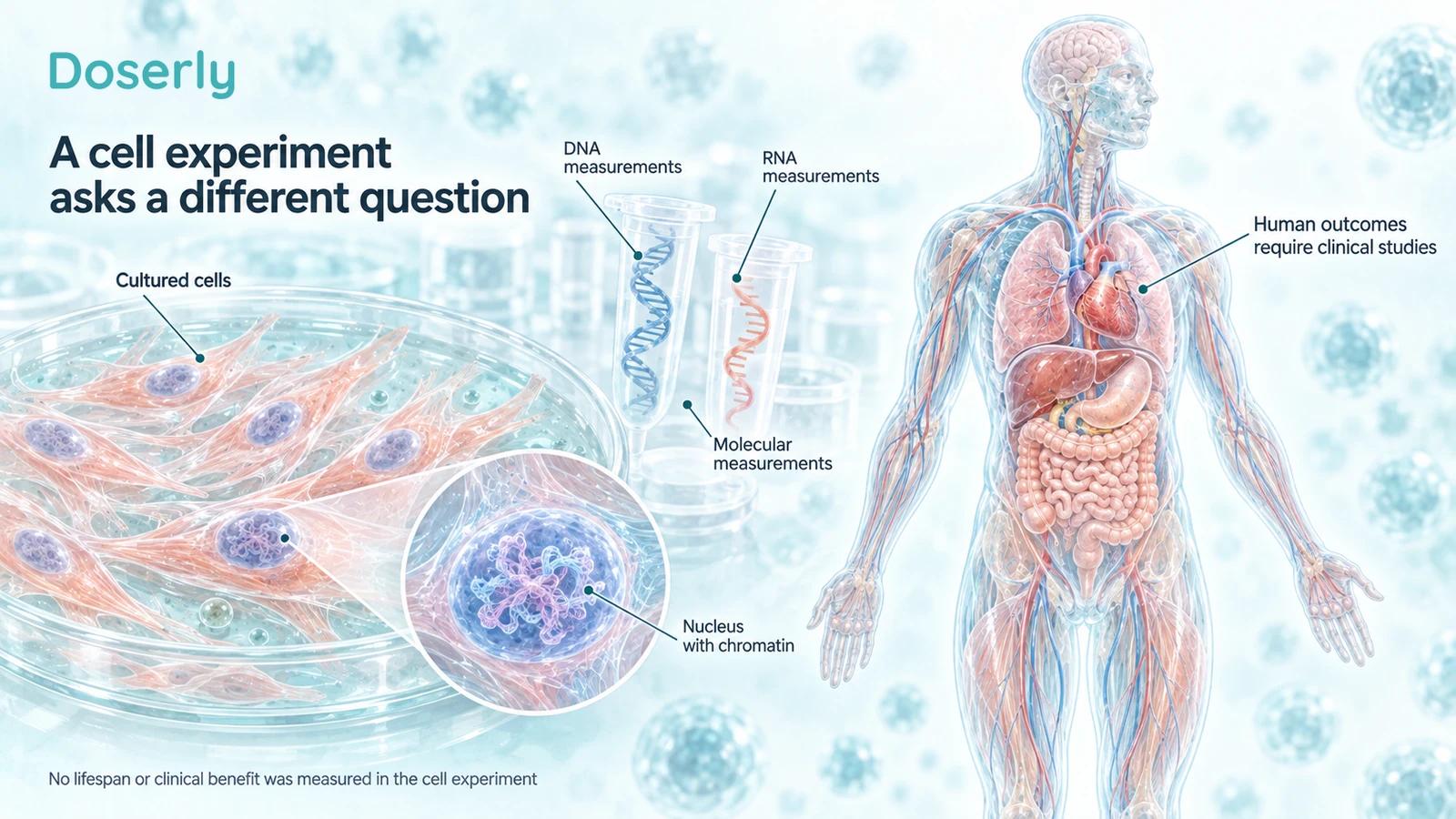 Illustrated cell cultures with separate molecular measurements and a distant human silhouette separated by open space