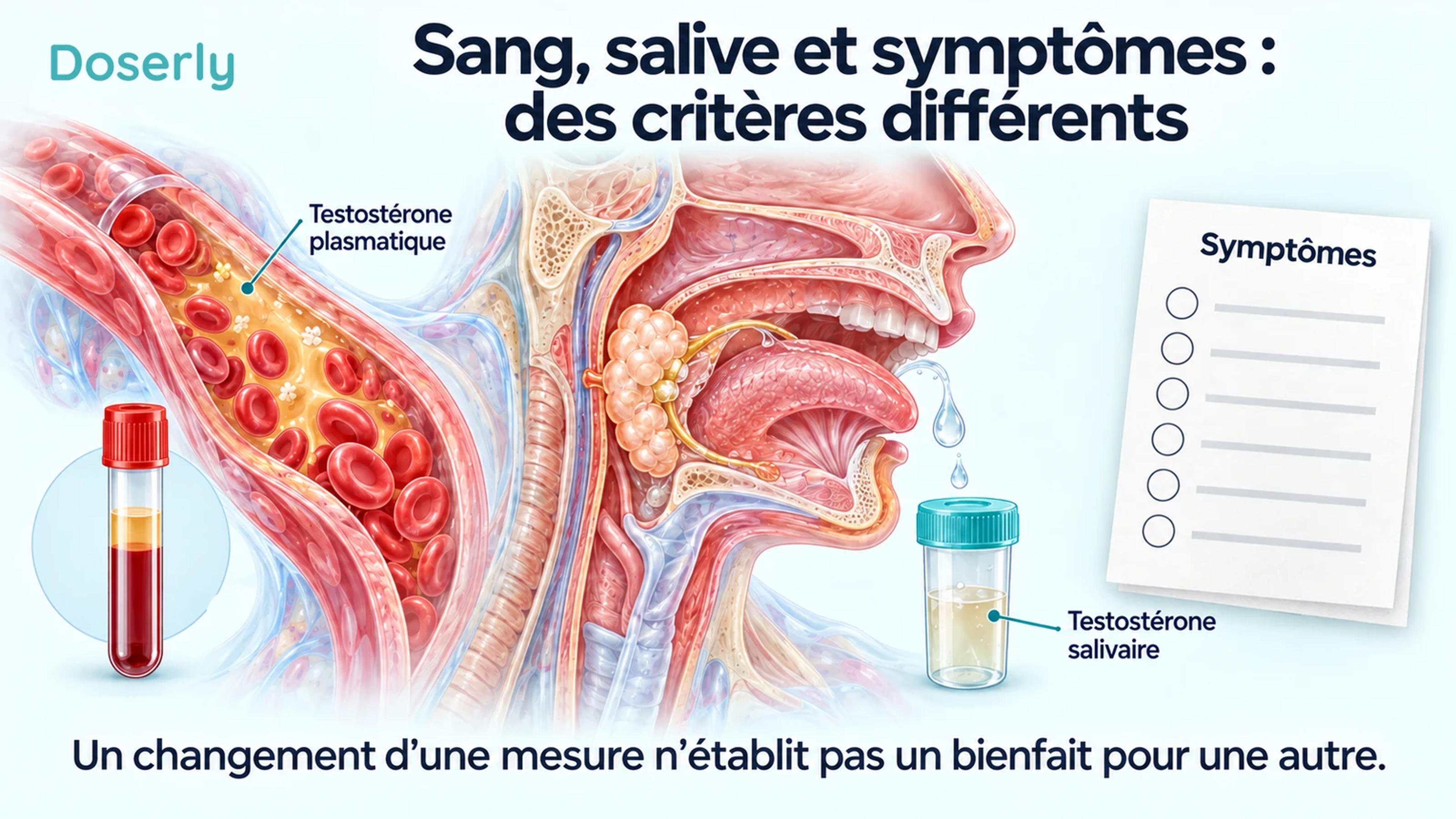 Un vaisseau sanguin illustré et un tube de prélèvement côtoient l’anatomie de la bouche et un échantillon de salive, avec une feuille de symptômes distincte sans scores.