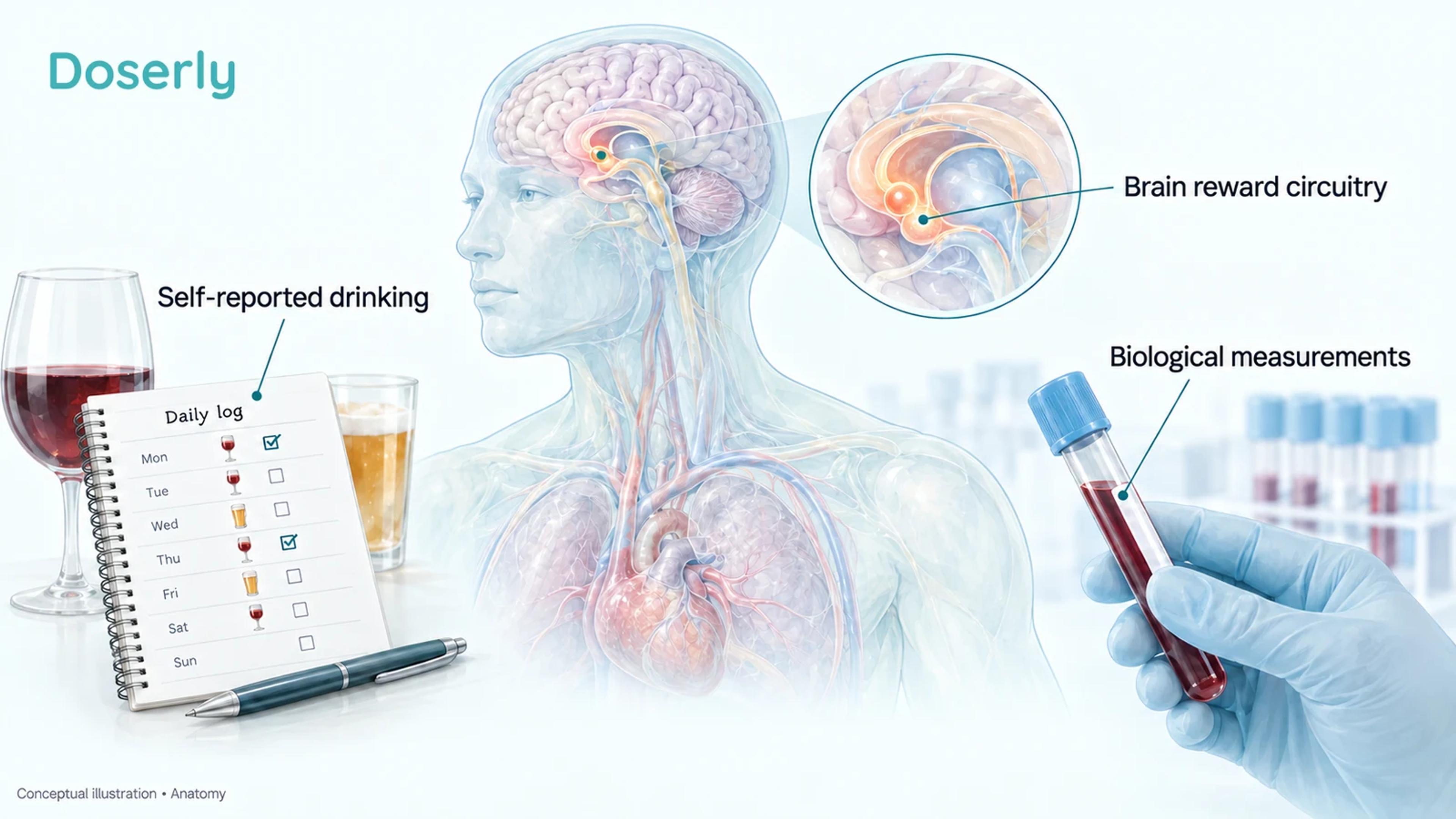 Detailed conceptual brain anatomy beside a drinking diary and a blood specimen, showing different approaches to alcohol research.