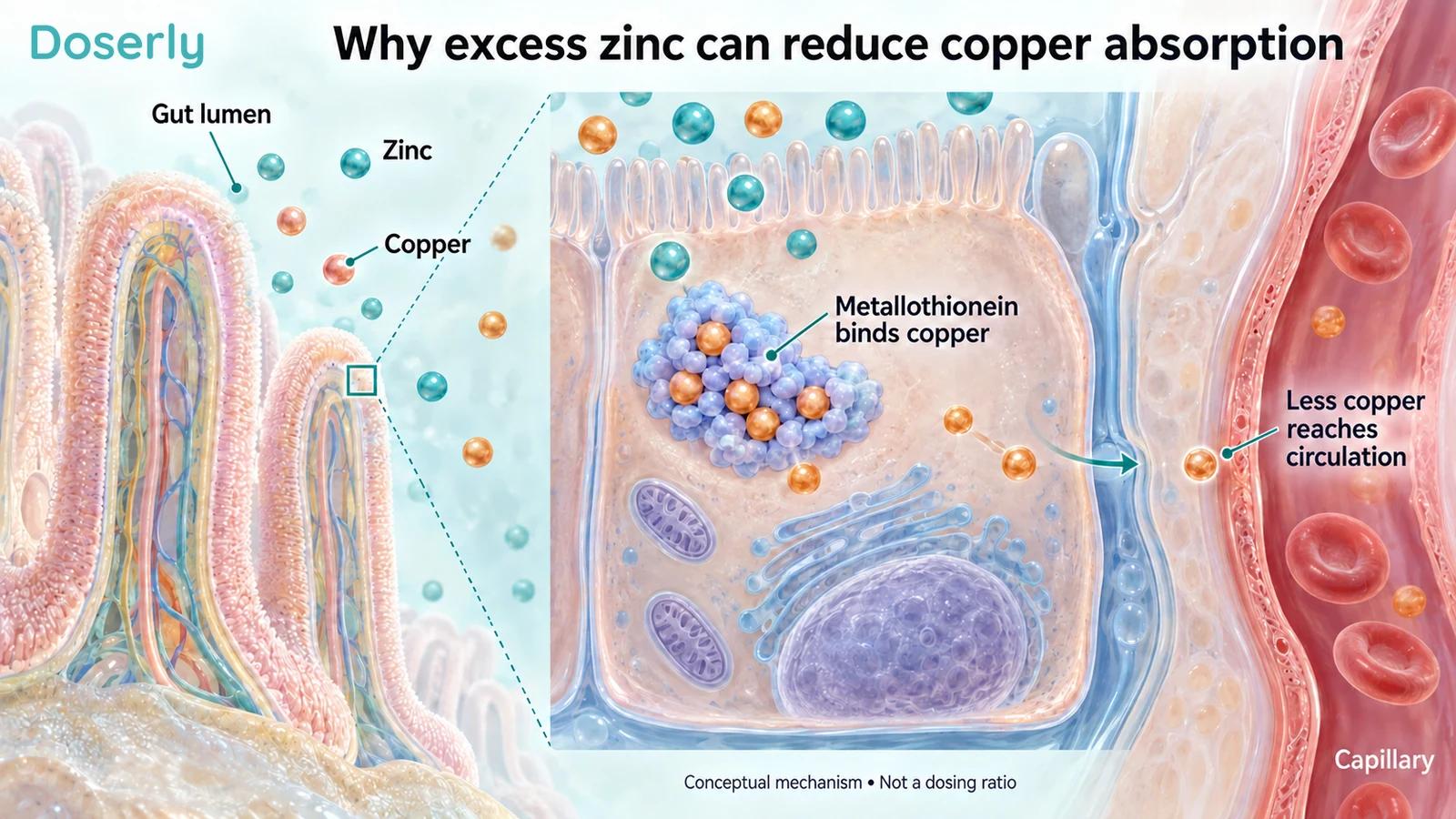 Intestinal villus and magnified lining cell showing copper held by metallothionein.