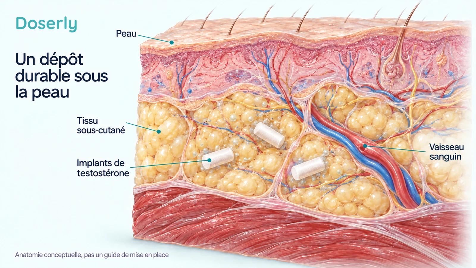 Coupe détaillée de la peau et du tissu adipeux sous-cutané montrant des implants de testostérone sous la peau et un vaisseau à proximité, sans représenter une intervention d’implantation.