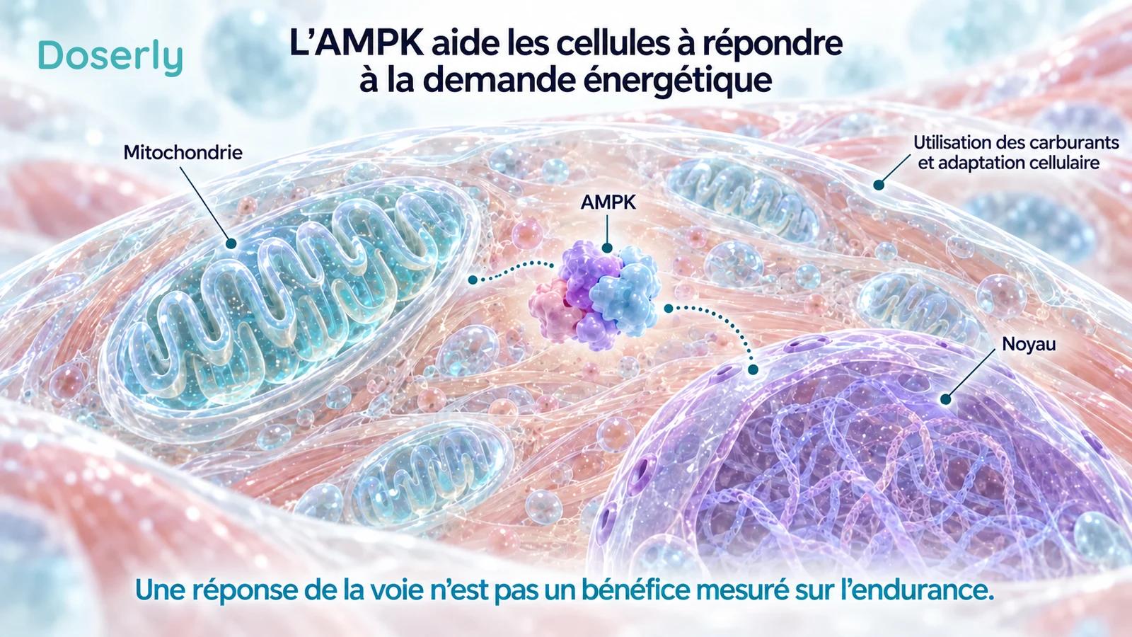 Illustration conceptuelle détaillée d’une cellule musculaire montrant des mitochondries, un noyau et l’adaptation cellulaire liée à l’AMPK.