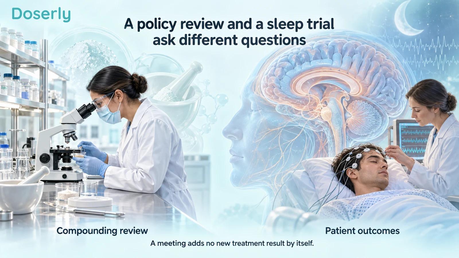 A pharmacy research scene and a sleep-study participant shown in separate illustrated areas.