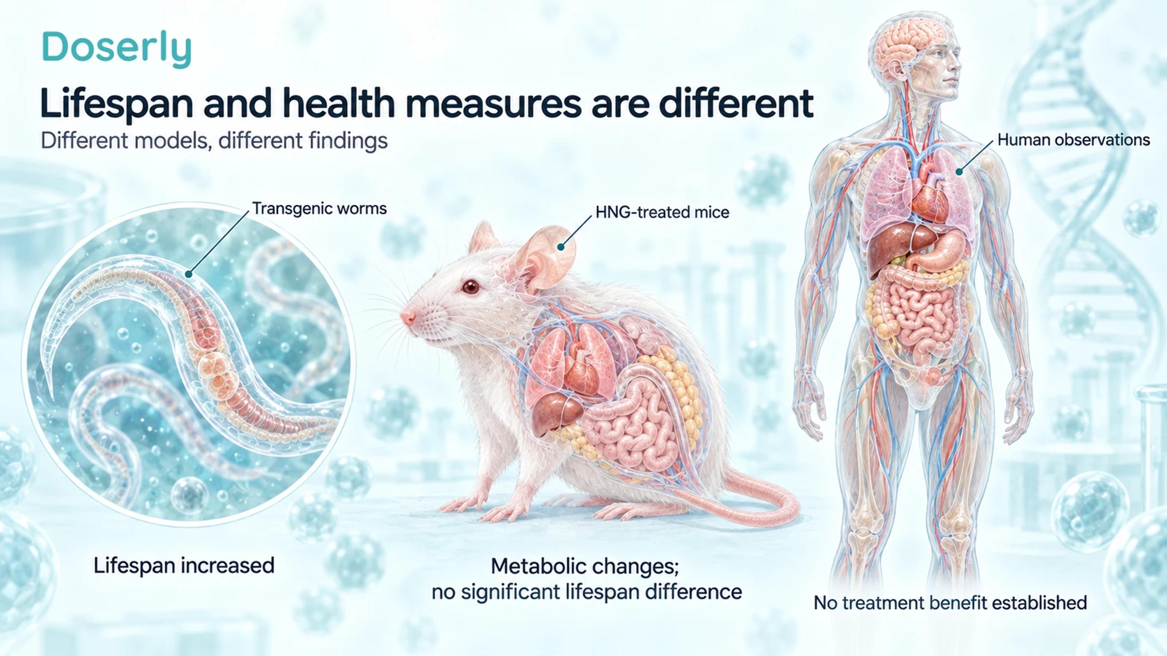 Transgenic worm, HNG-treated mouse and human figure shown separately with their different evidence conclusions