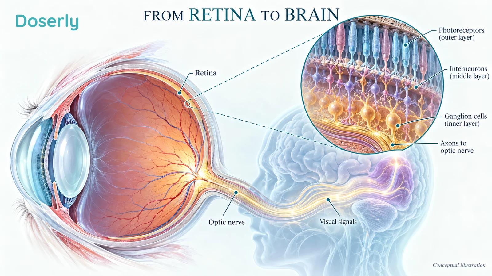 Anatomical eye cutaway with retinal layers, ganglion cells and axons gathering into the optic nerve