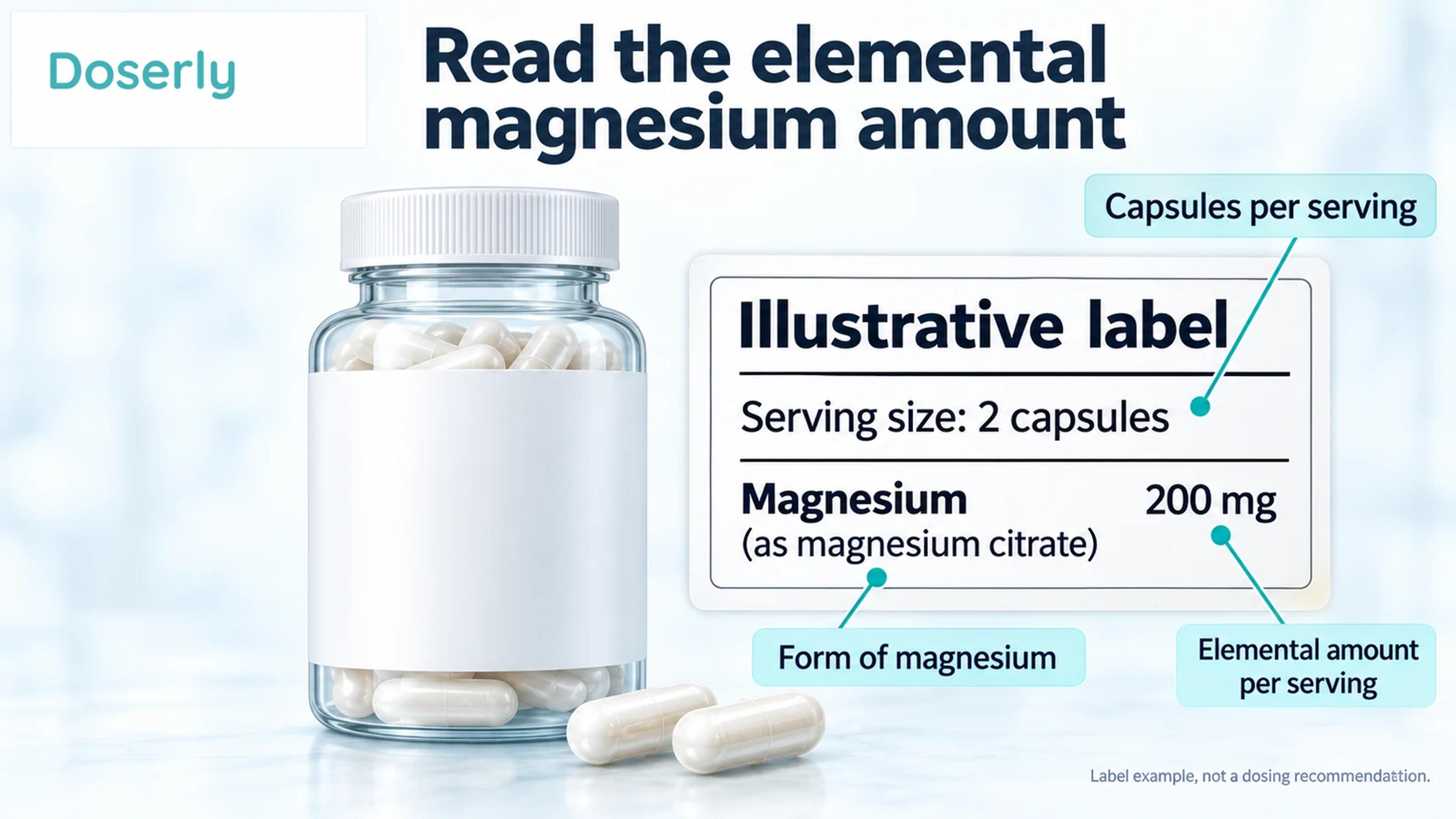 An illustrative supplement label identifies two capsules per serving, 200 mg elemental magnesium per serving and citrate as the magnesium form.