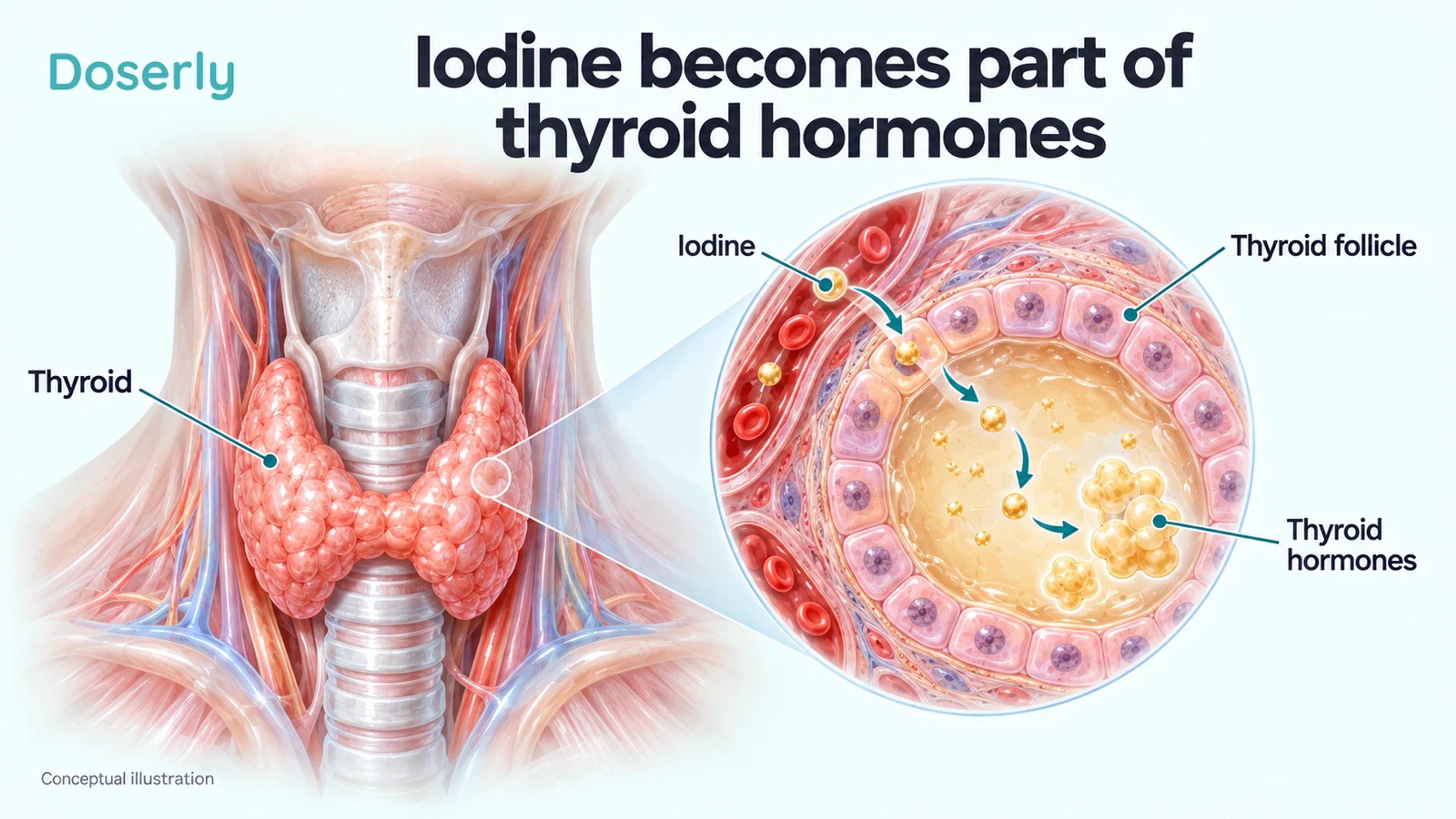 An anatomical thyroid and enlarged follicle show iodine entering the regulated process that produces thyroid hormones.