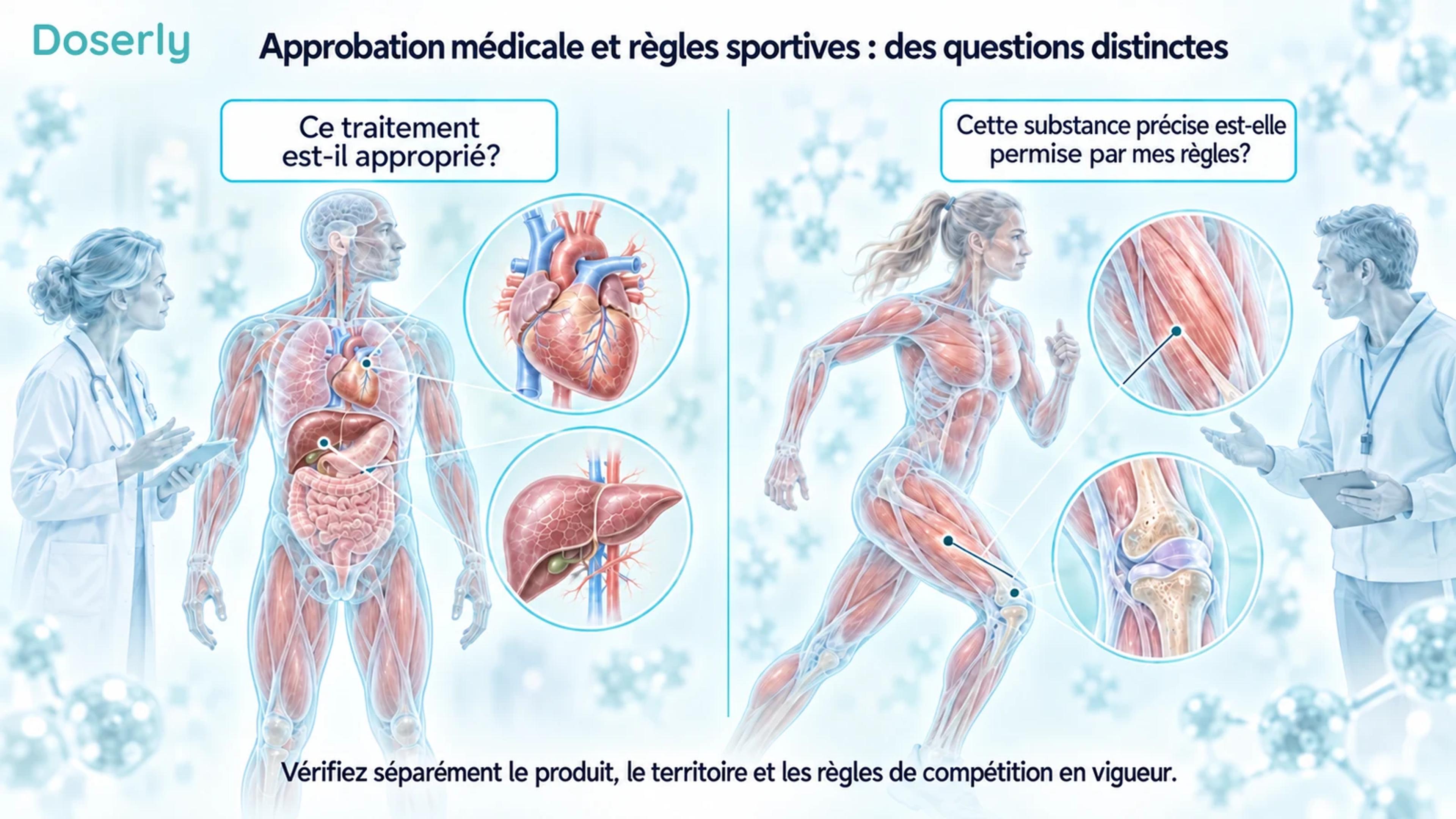 Illustration d’une consultation médicale et d’une évaluation d’athlète avec des encadrés anatomiques détaillés, distinguant la pertinence du traitement de l’admissibilité selon les règles sportives en vigueur.