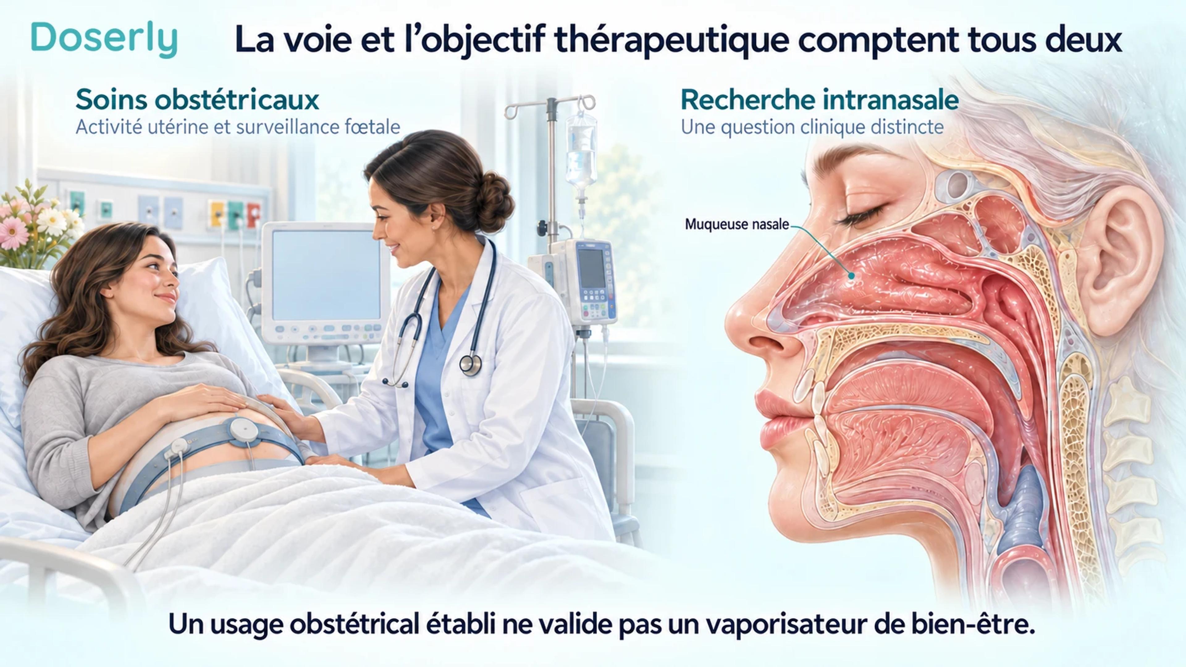 Soins obstétricaux sous surveillance à côté d’une illustration distincte de l’anatomie nasale.
