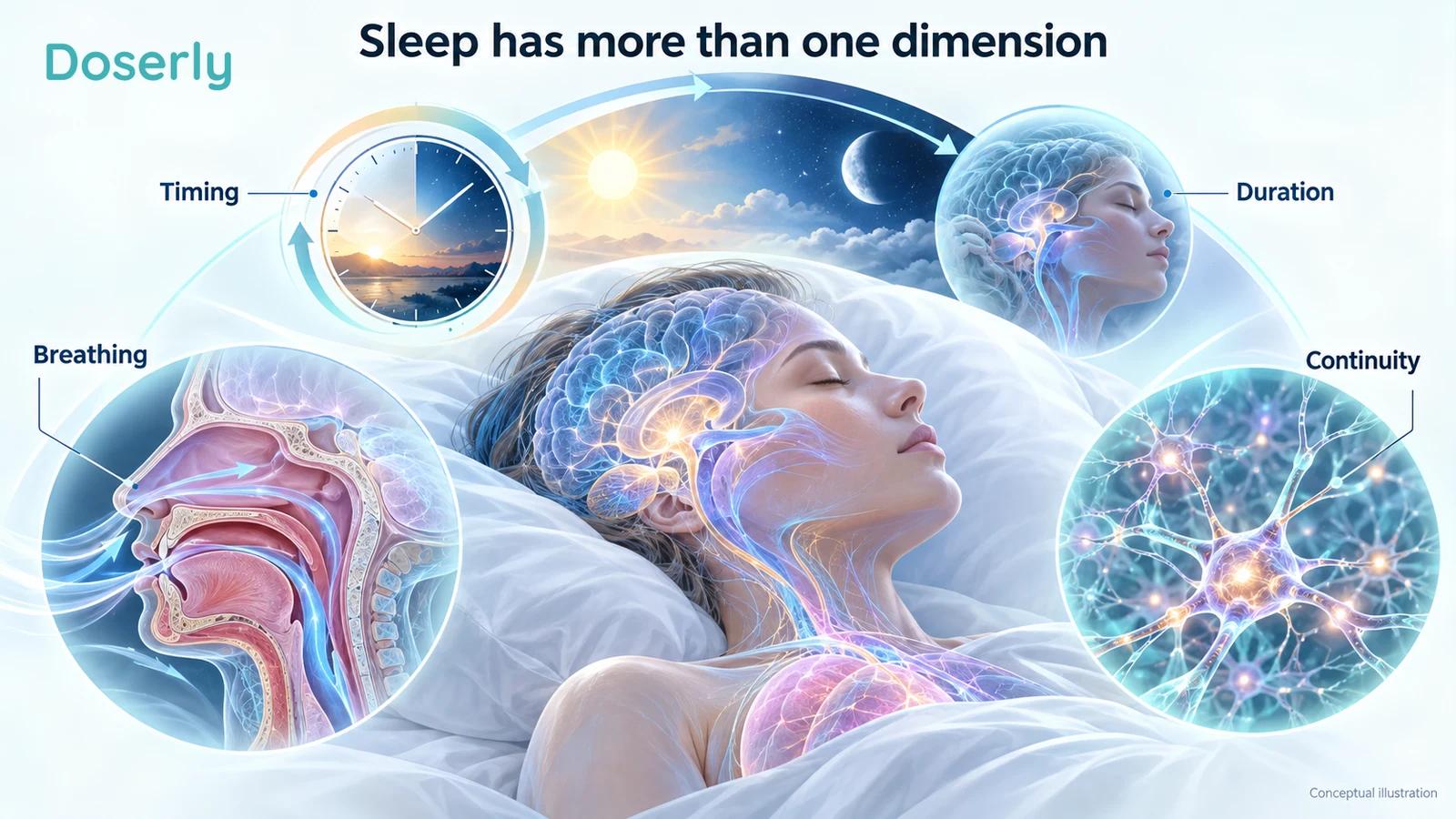 A sleeping person with conceptual views of timing, breathing, continuity and sleep duration.