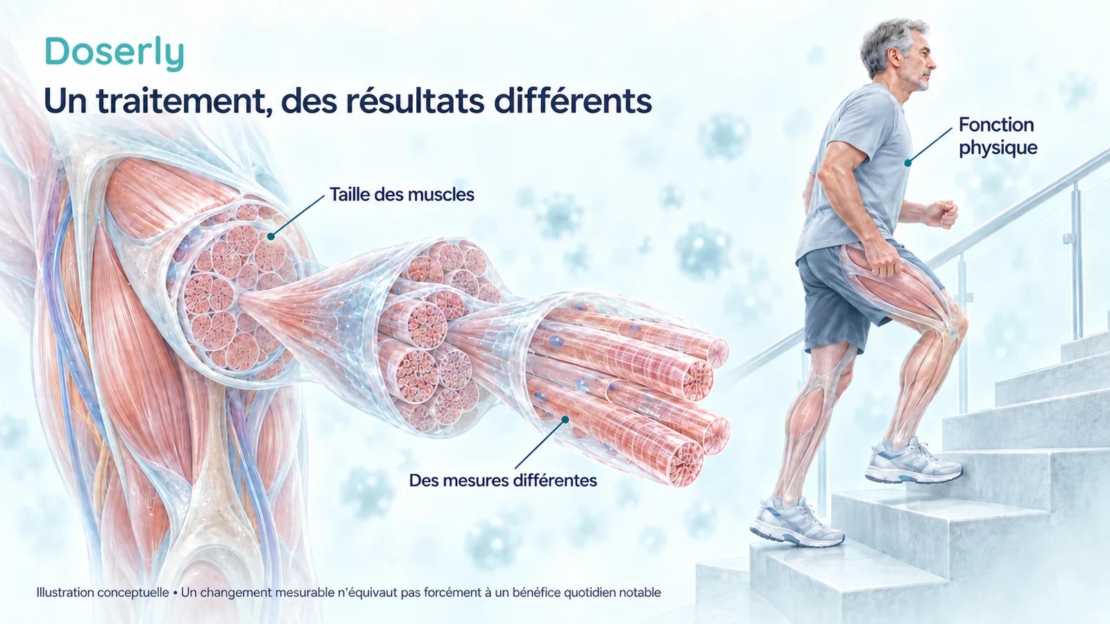 Une coupe détaillée de fibres musculaires, à côté d’une illustration d’un homme montant un escalier, distingue les mesures de taille musculaire de la fonction physique.