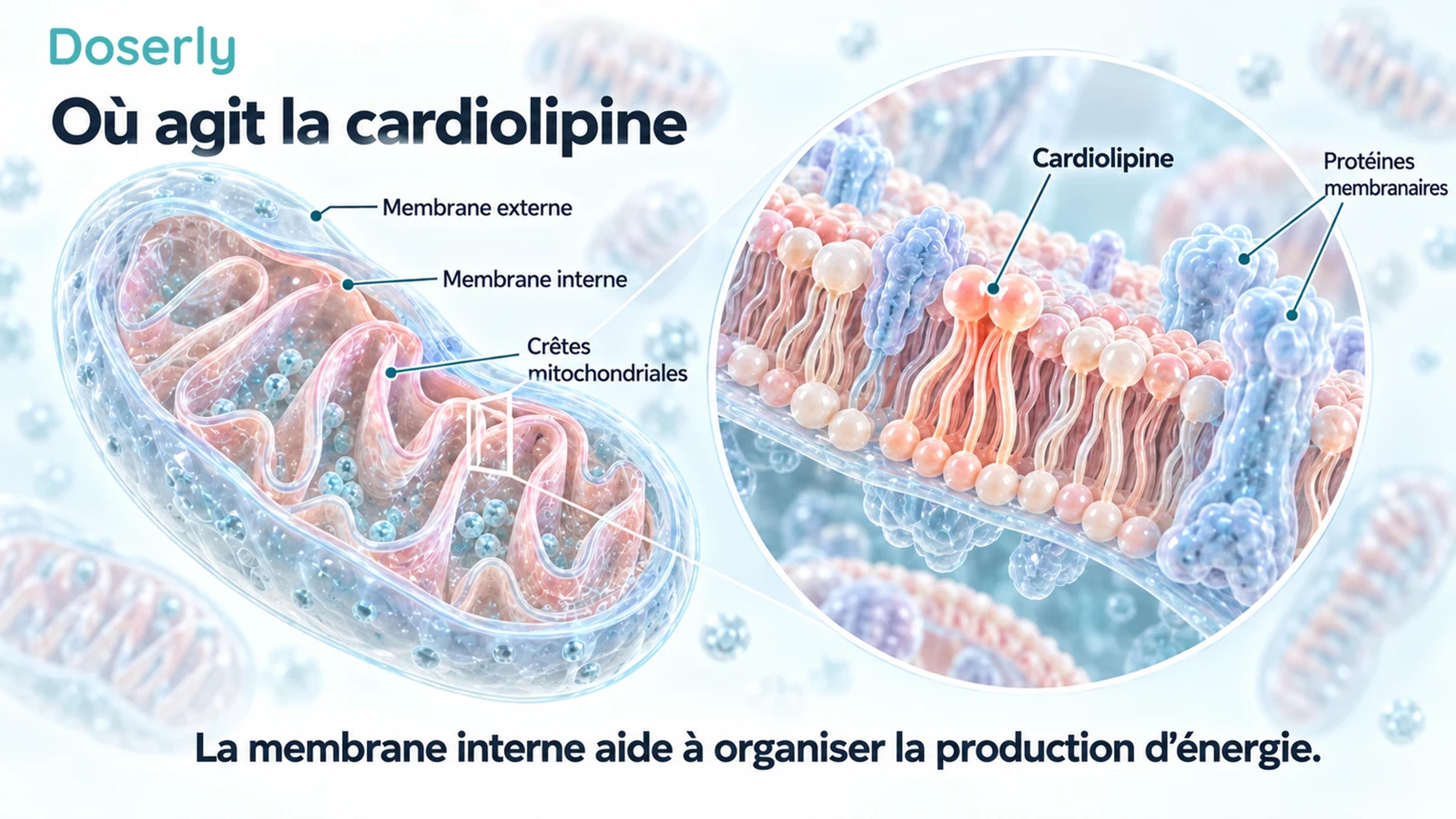 Vue en coupe détaillée d’une mitochondrie montrant sa membrane externe, sa membrane interne repliée et une bicouche conceptuelle contenant de la cardiolipine.