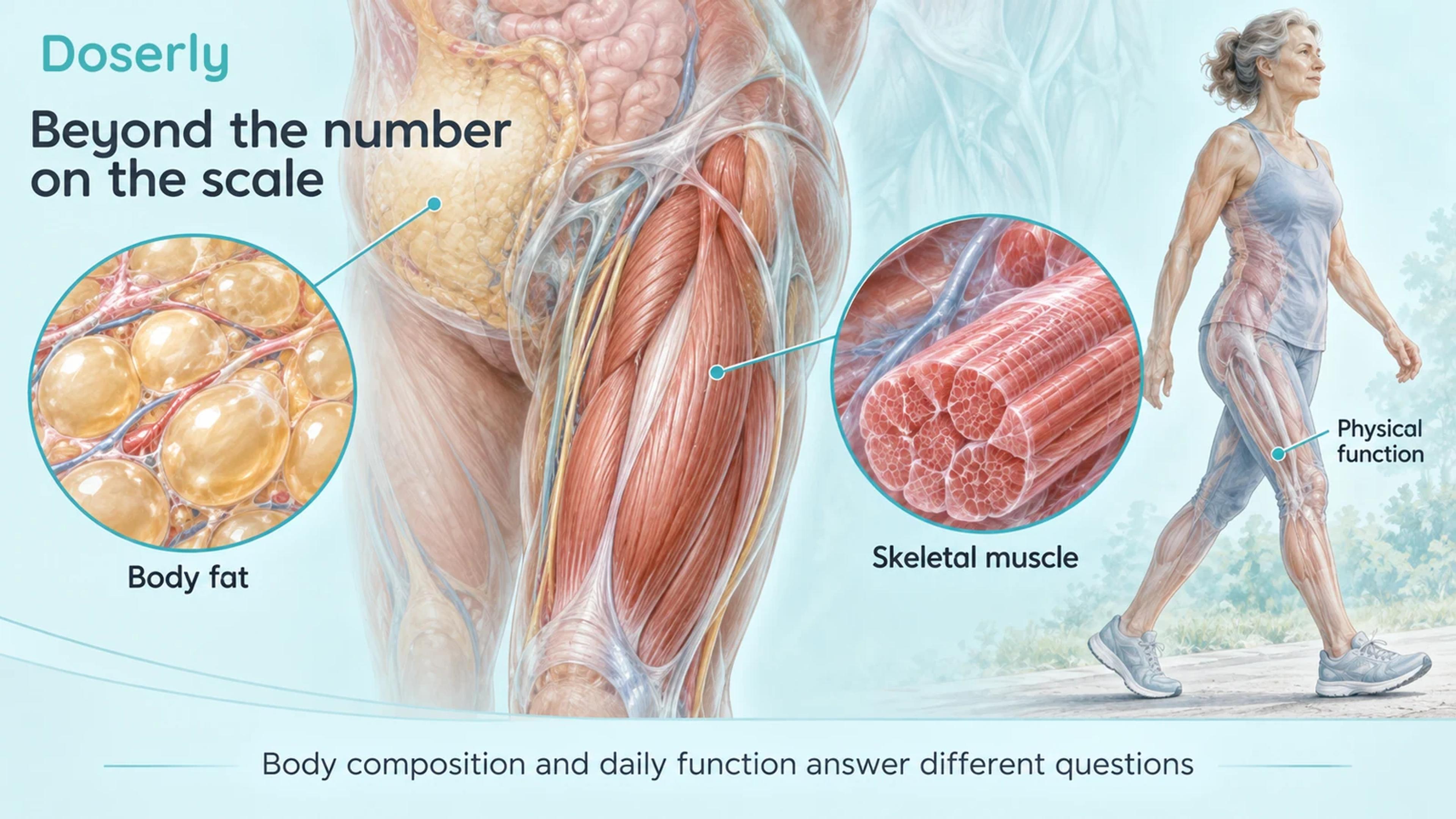 Adipose tissue, muscle fibers and a small walking figure distinguish body composition from function.