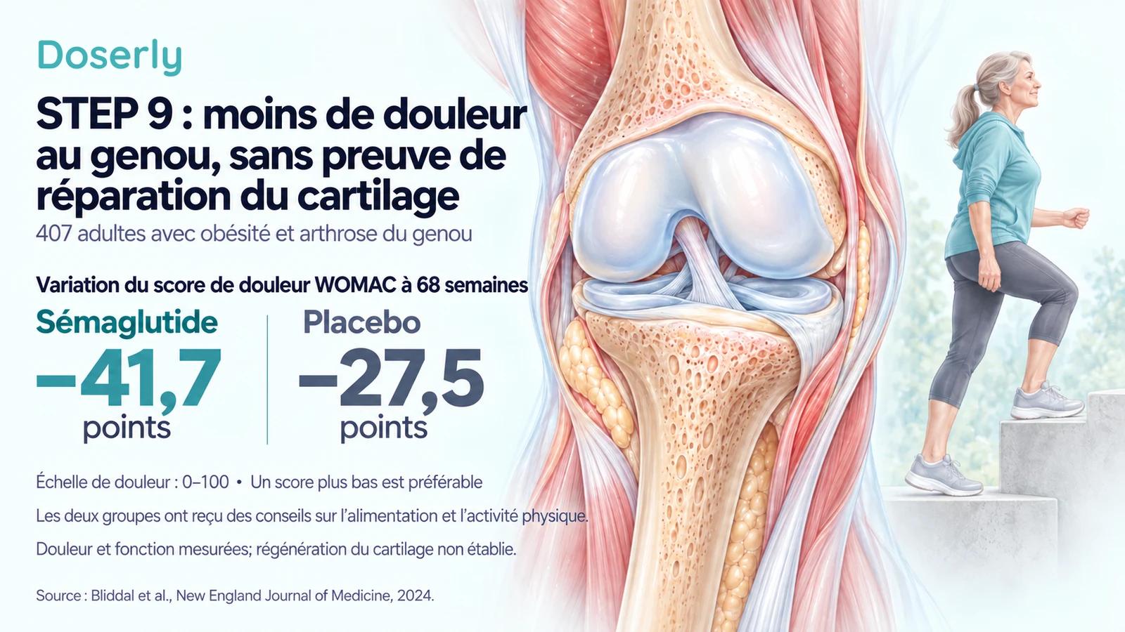 Diminutions du score de douleur dans STEP 9 de 41,7 points avec le sémaglutide et de 27,5 avec le placebo, à côté d’un genou détaillé et d’une personne qui monte une marche.