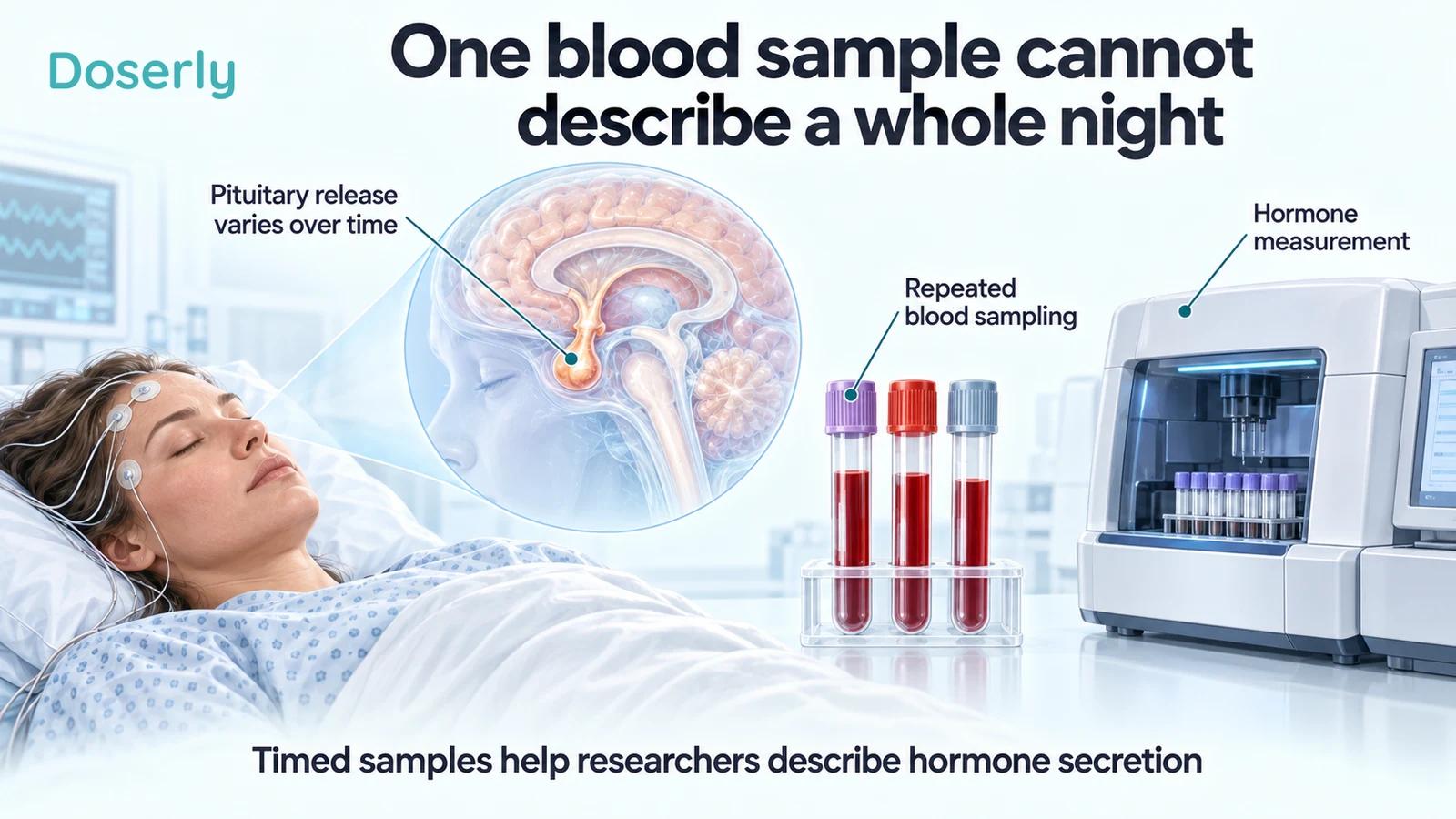 A sleeping research participant with pituitary inset beside separate blood samples and laboratory measurement equipment.