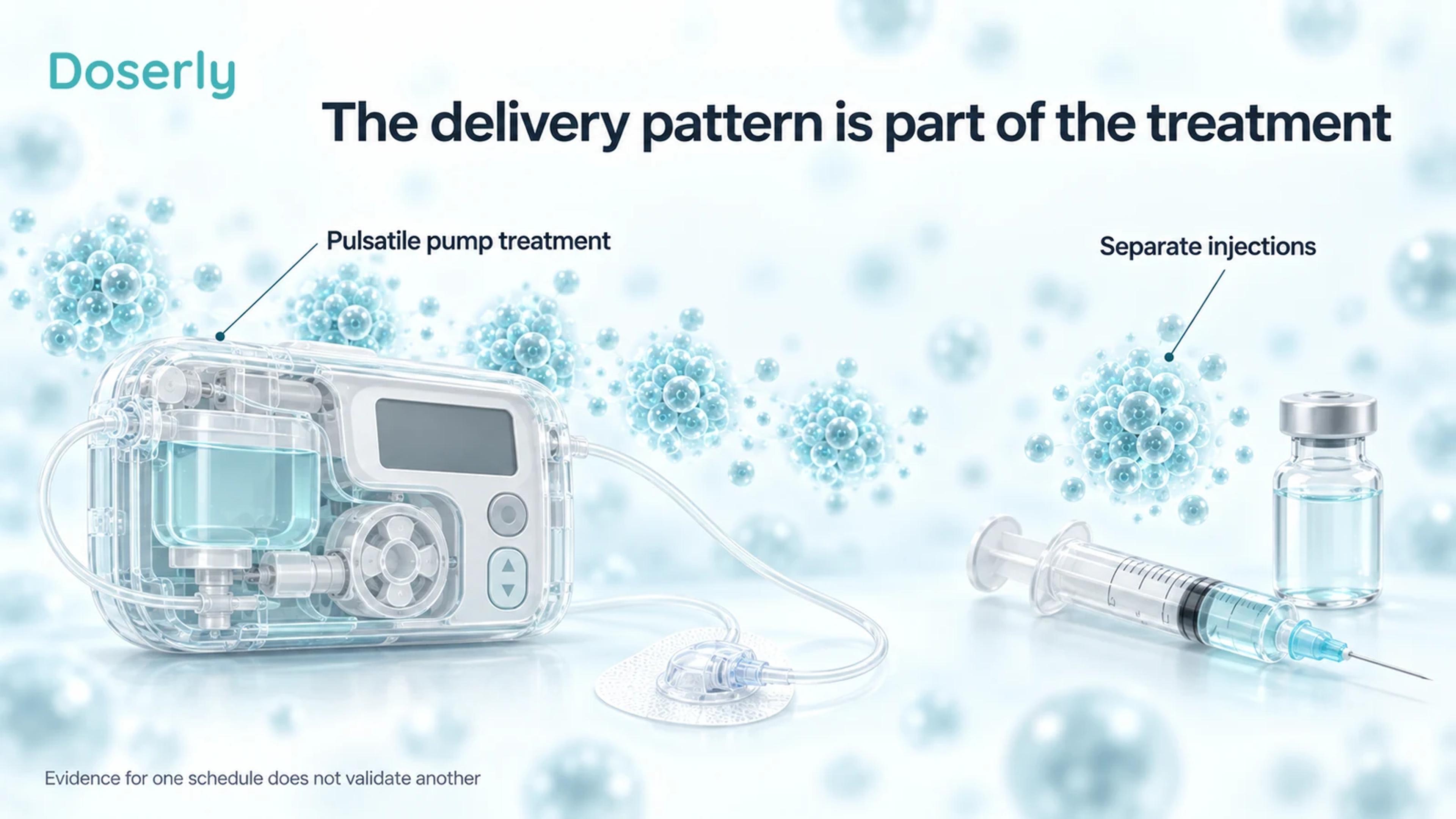 A generic portable infusion pump with separated conceptual hormone pulses beside a syringe and vial representing separate injections.