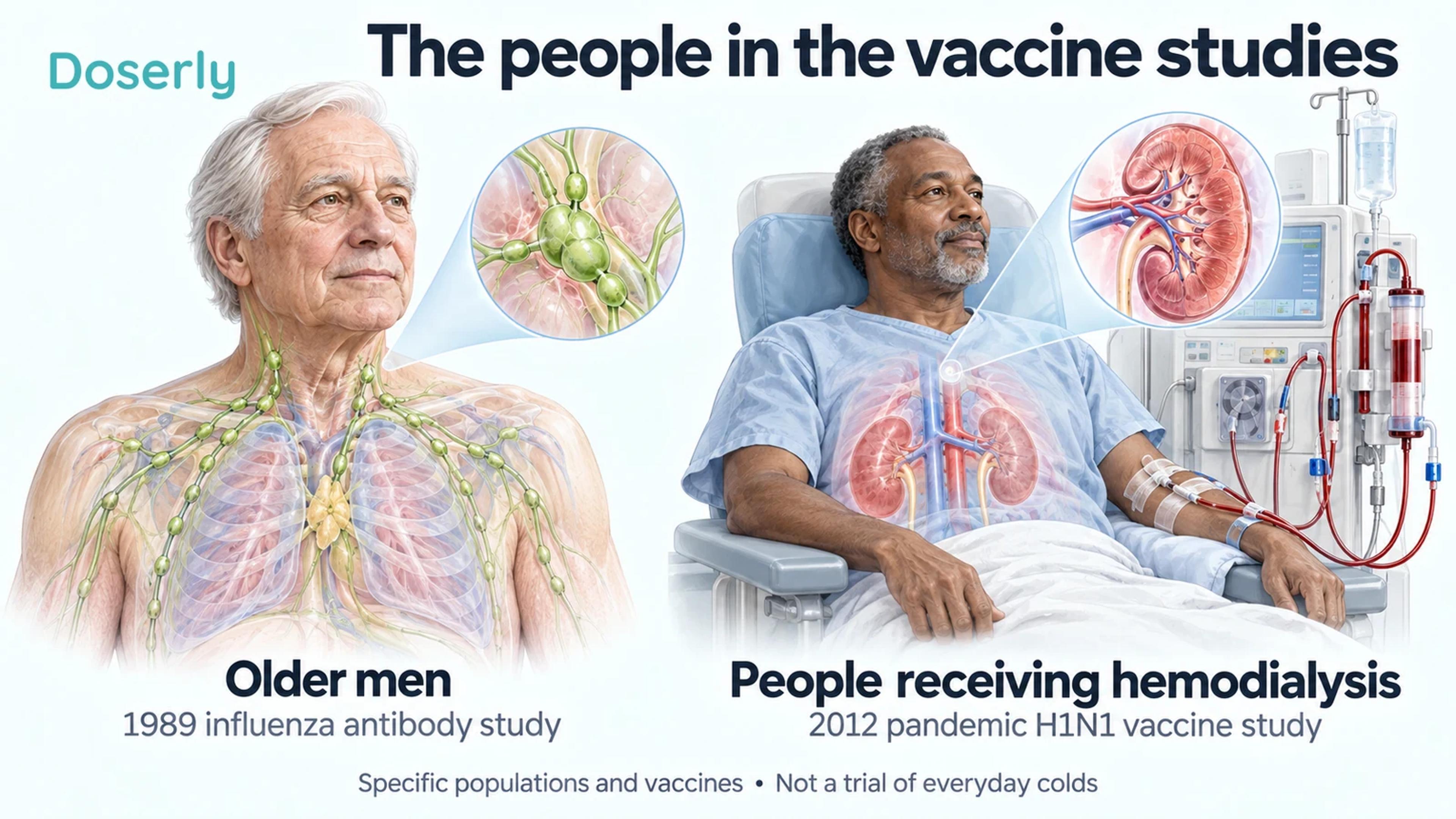 An older man and a person receiving dialysis illustrate the distinct populations in two influenza vaccine-response studies.