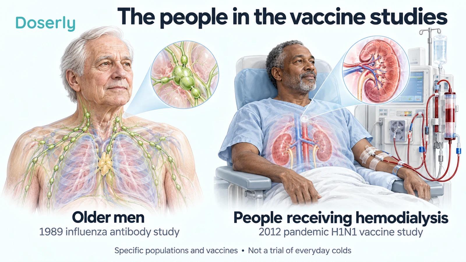 An older man and a person receiving dialysis illustrate the distinct populations in two influenza vaccine-response studies.