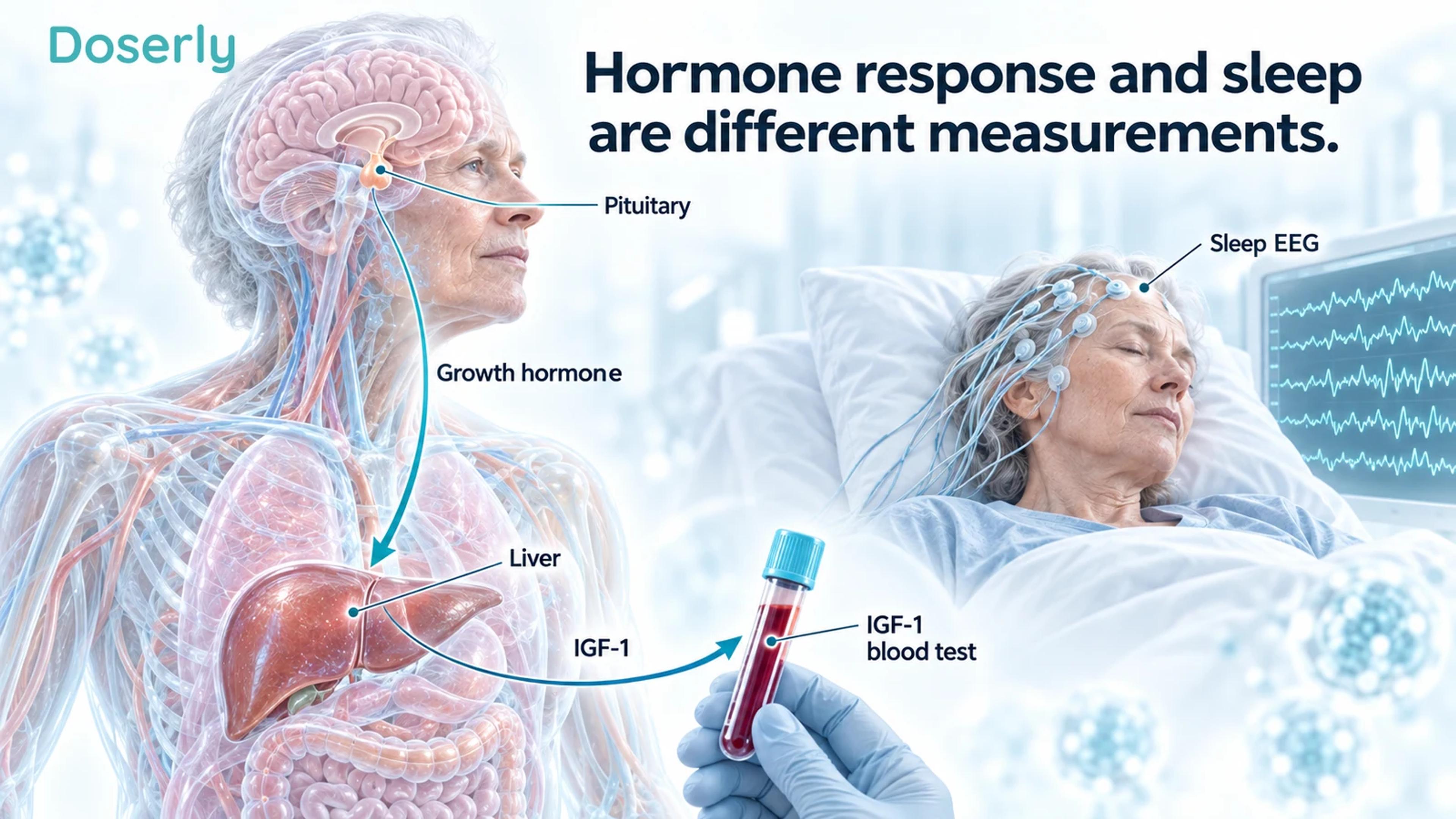 Detailed older-adult anatomy showing pituitary growth hormone signaling to the liver and an IGF-1 blood sample beside a separate sleep EEG assessment.