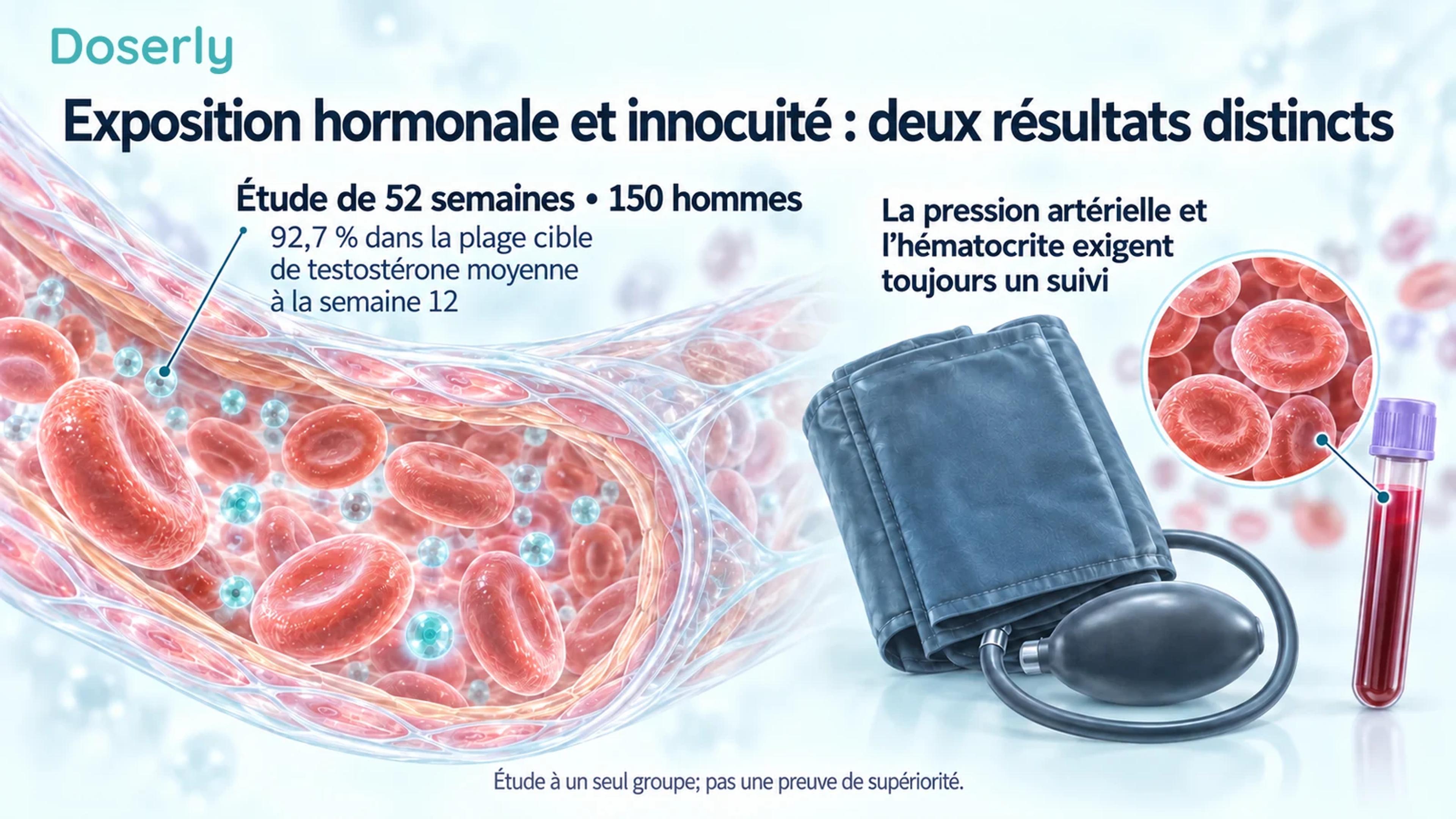 Un vaisseau sanguin illustré contenant des particules hormonales accompagne l’étude de 150 hommes et son résultat d’exposition de 92,7 % à la semaine 12, à côté d’illustrations du suivi de la pression artérielle et de l’hématocrite.