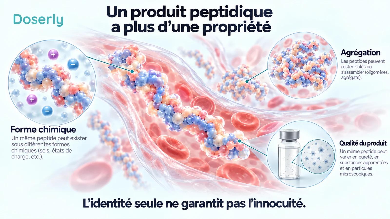 Des structures peptidiques conceptuelles illustrent la forme chimique, l’agrégation et les considérations de qualité du produit sur un fond de vaisseau sanguin.