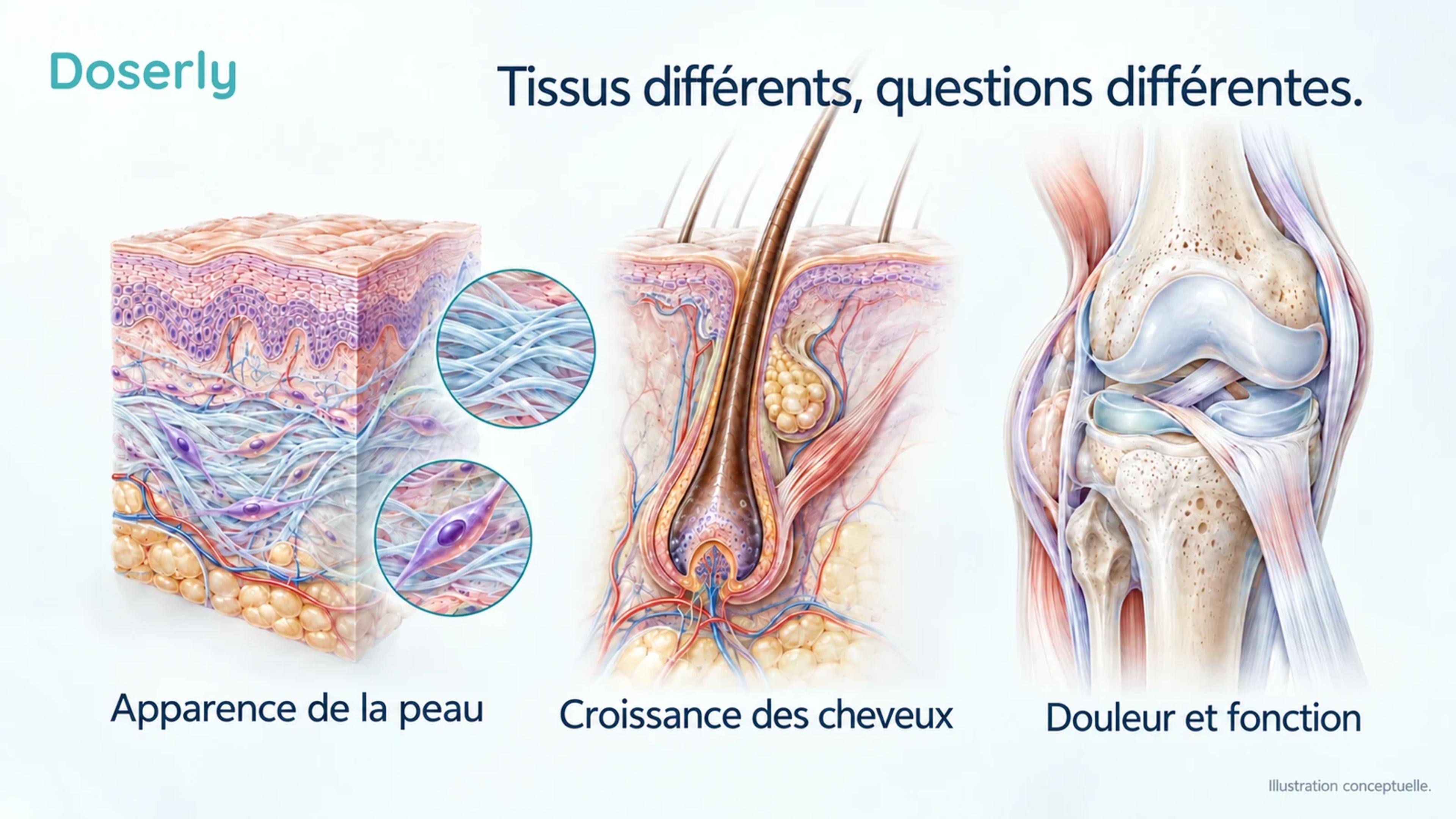 Des modèles pédagogiques détaillés de peau, de follicule du cuir chevelu et de genou illustrent trois cibles distinctes pour évaluer la thérapie par lumière rouge.