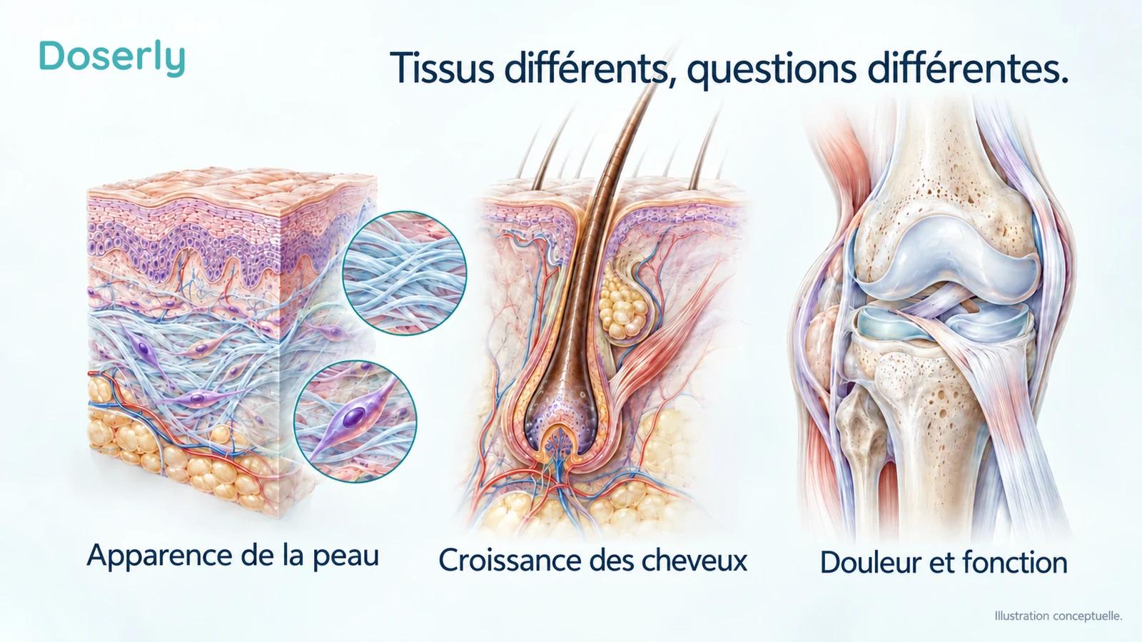 Des modèles pédagogiques détaillés de peau, de follicule du cuir chevelu et de genou illustrent trois cibles distinctes pour évaluer la thérapie par lumière rouge.