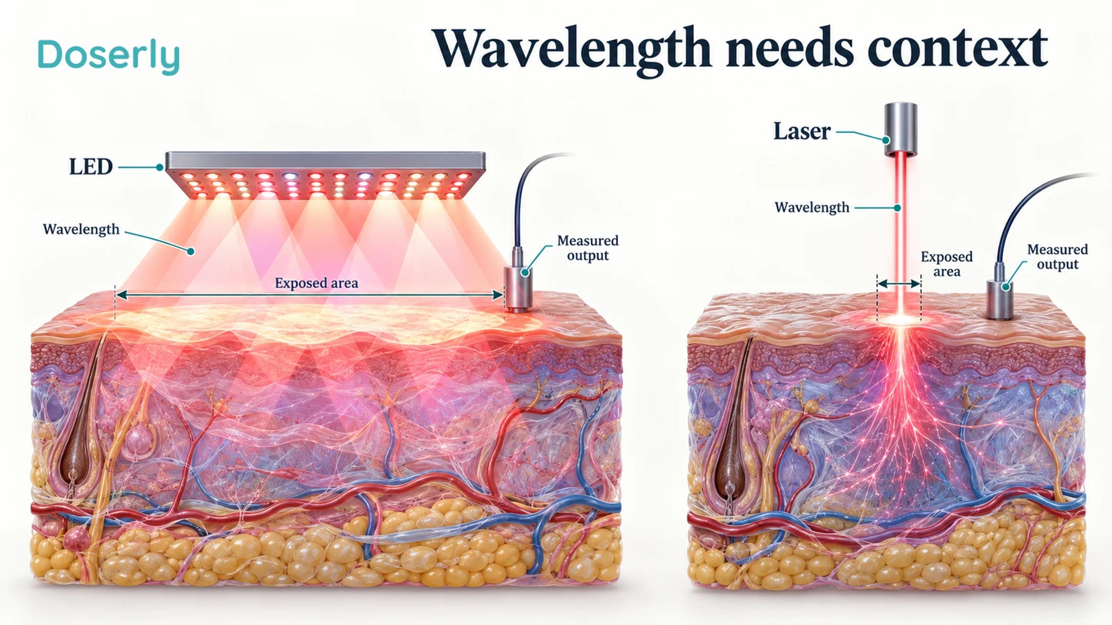 An LED source and a narrow laser source illuminate separate conceptual skin sections, with labeled wavelength, exposed area and measured output.