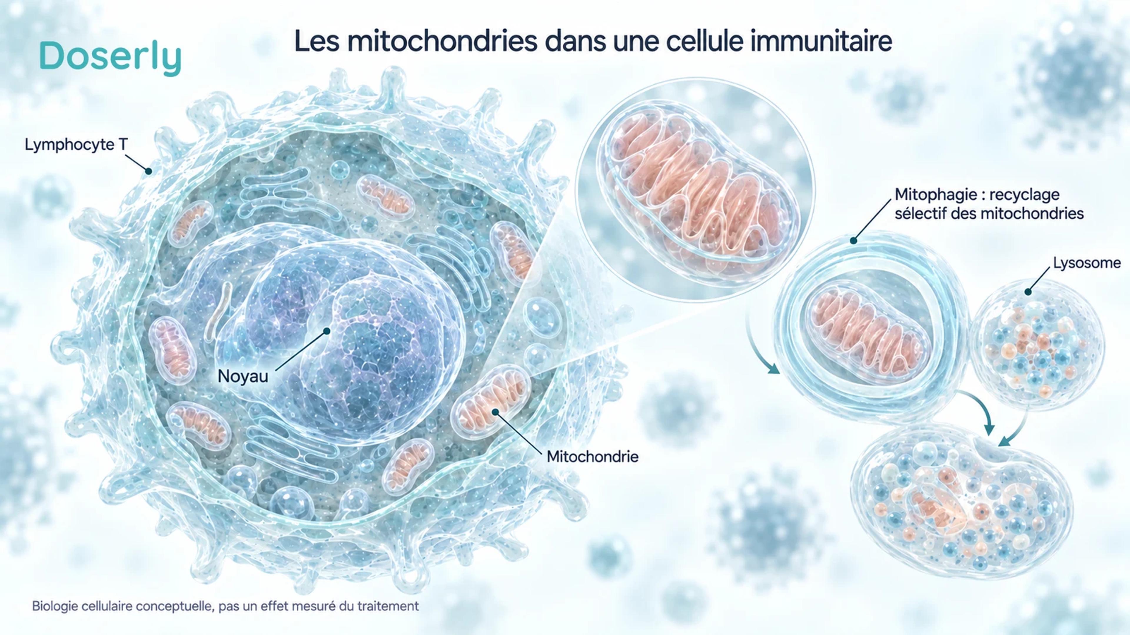 Lymphocyte T translucide avec un noyau, des mitochondries et une représentation conceptuelle du recyclage mitochondrial.