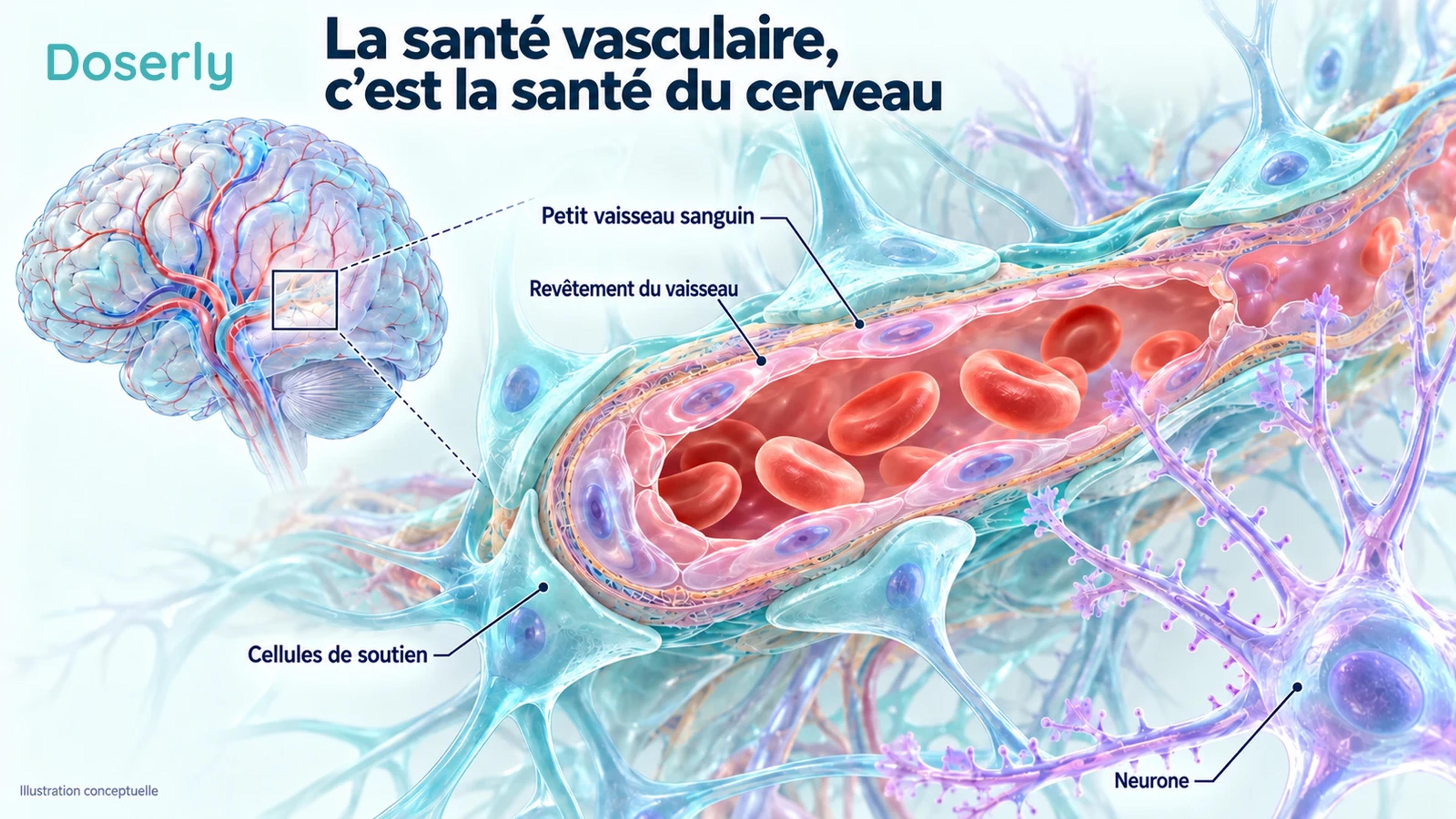 Représentation conceptuelle d’un petit vaisseau cérébral, de son revêtement, de cellules de soutien et d’un neurone voisin.
