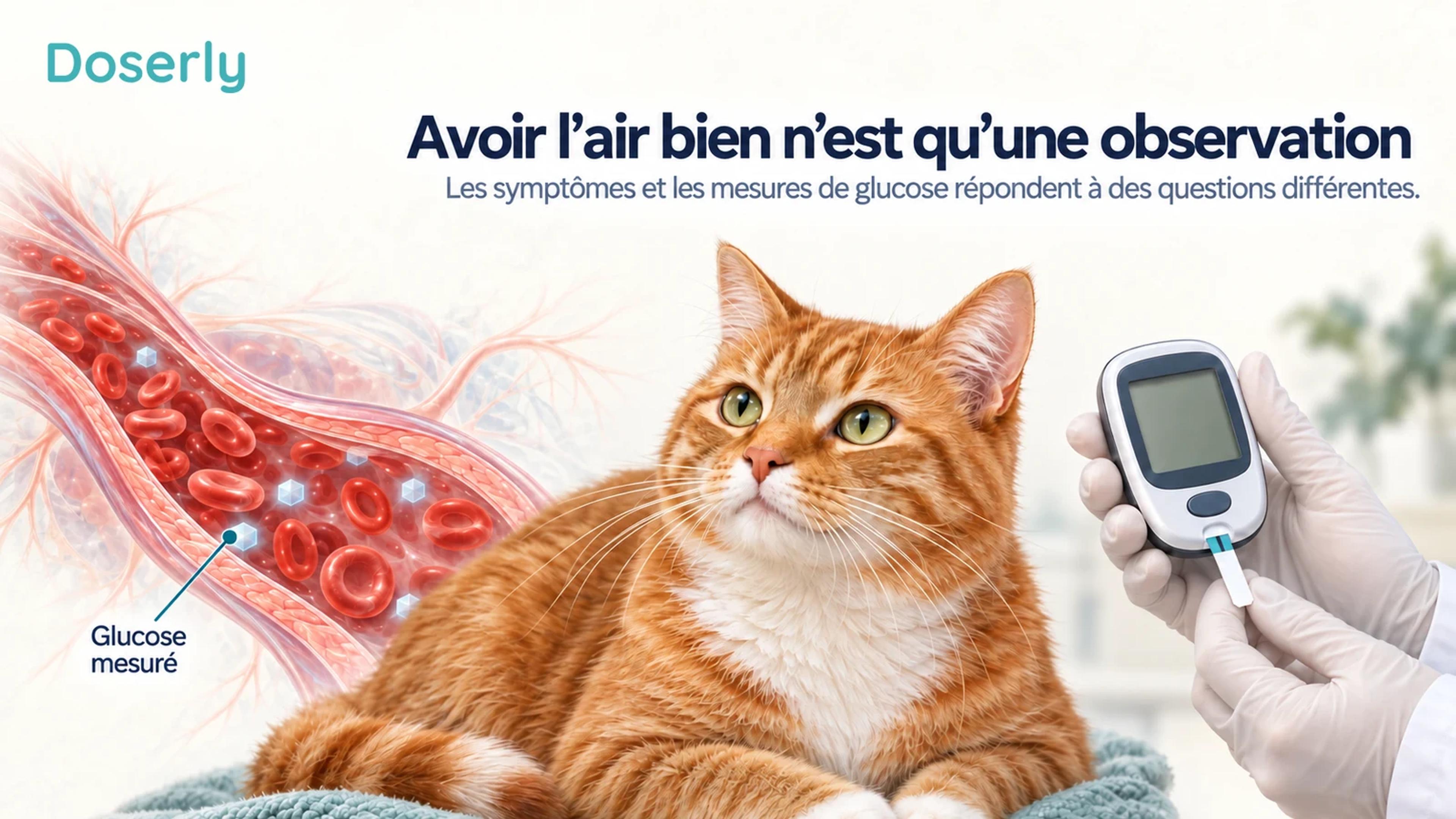 Un chat roux alerte à côté d’un vaisseau sanguin conceptuel et d’un lecteur de glycémie sans chiffres.