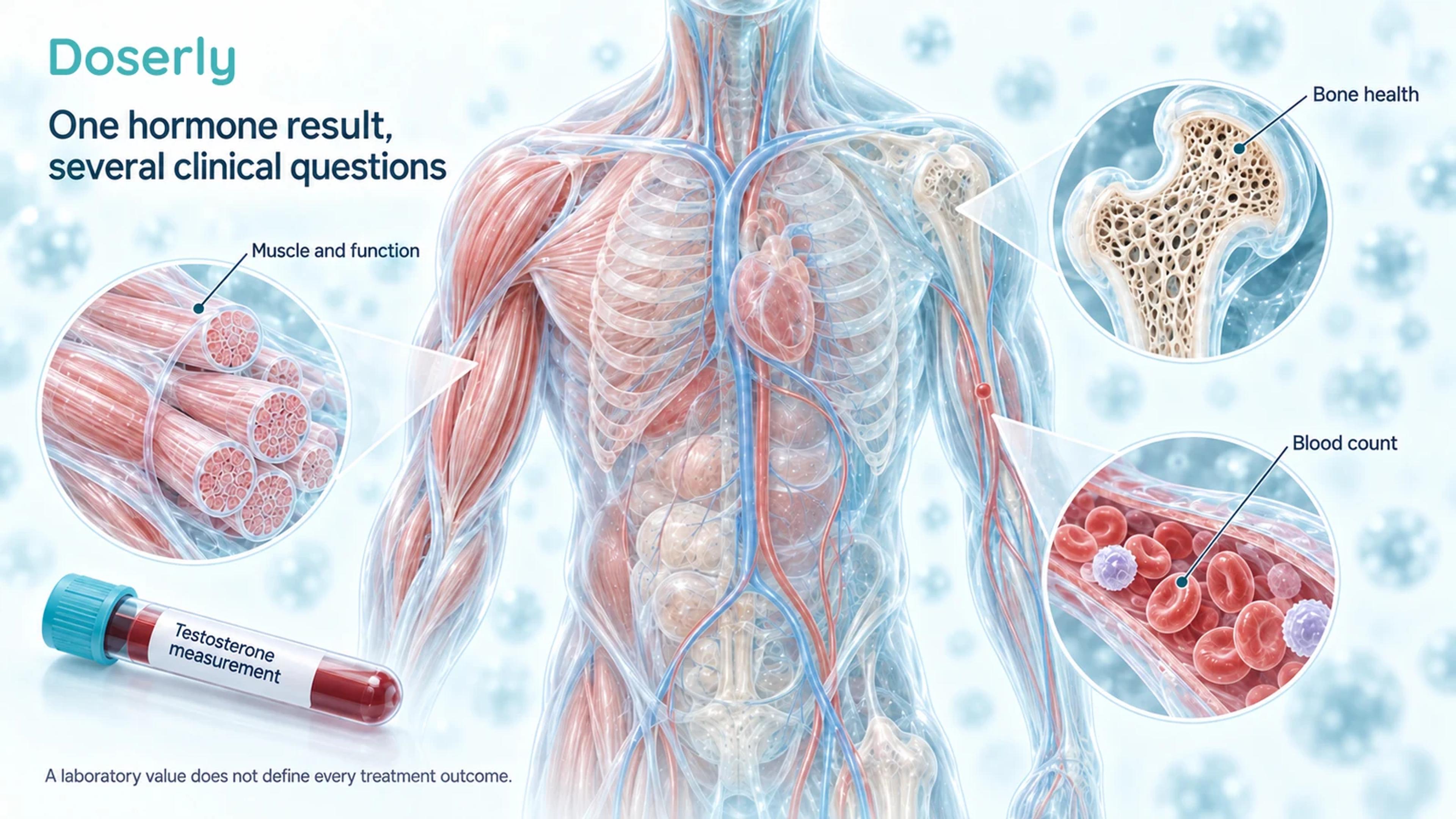 Translucent male torso with enlarged muscle, bone and blood cells illustrating distinct clinical outcomes.