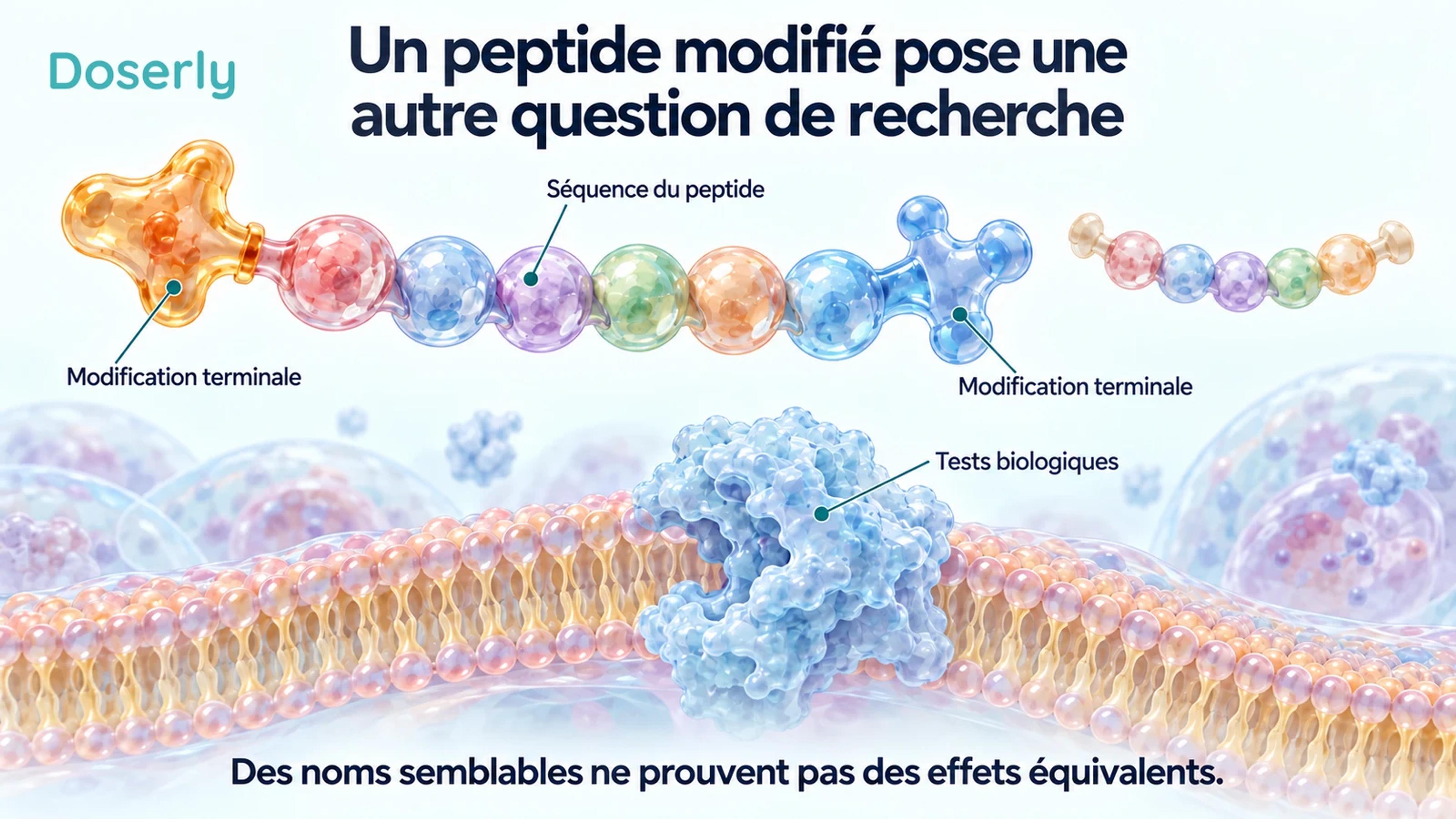 Des chaînes peptidiques conceptuelles avec des modifications aux extrémités surplombent une illustration détaillée d’une membrane cellulaire et de protéines.