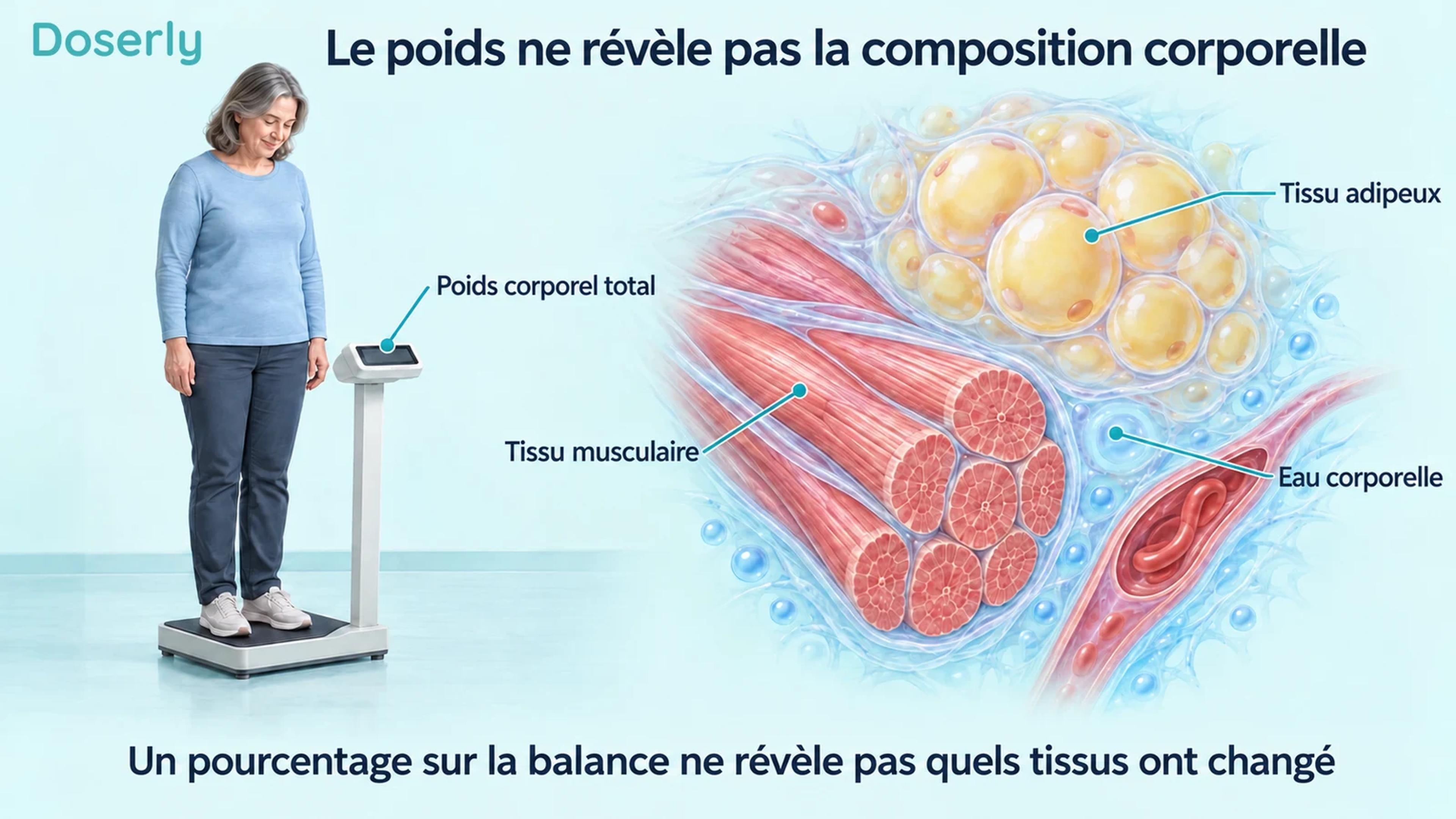Un adulte habillé sur une balance, à côté de représentations conceptuelles de cellules adipeuses, de fibres musculaires et d’un vaisseau sanguin.