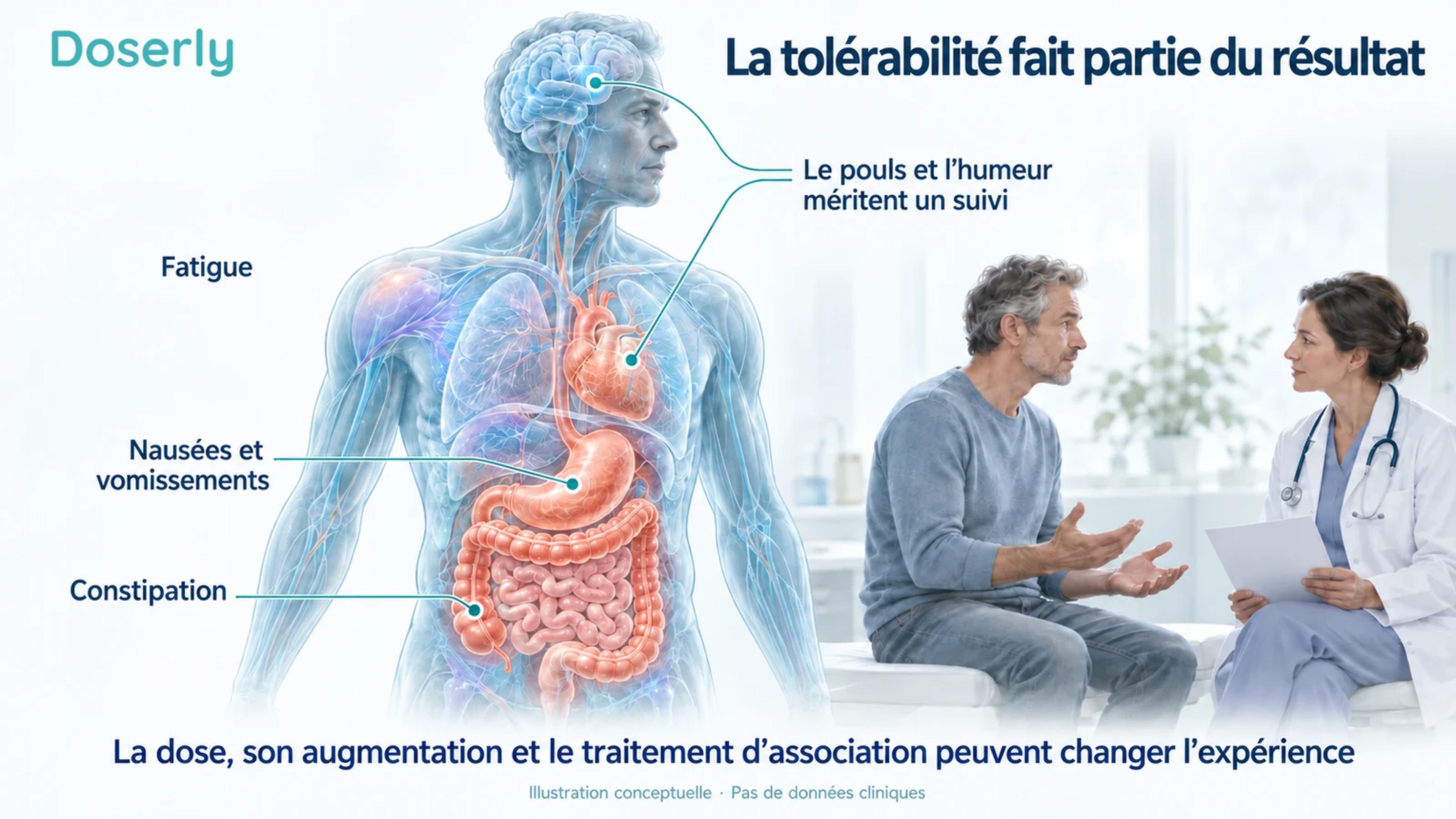 Une illustration médicale met en évidence les symptômes gastro-intestinaux, la fatigue et le suivi du pouls et de l’humeur, à côté d’un patient qui discute de tolérabilité avec un clinicien.